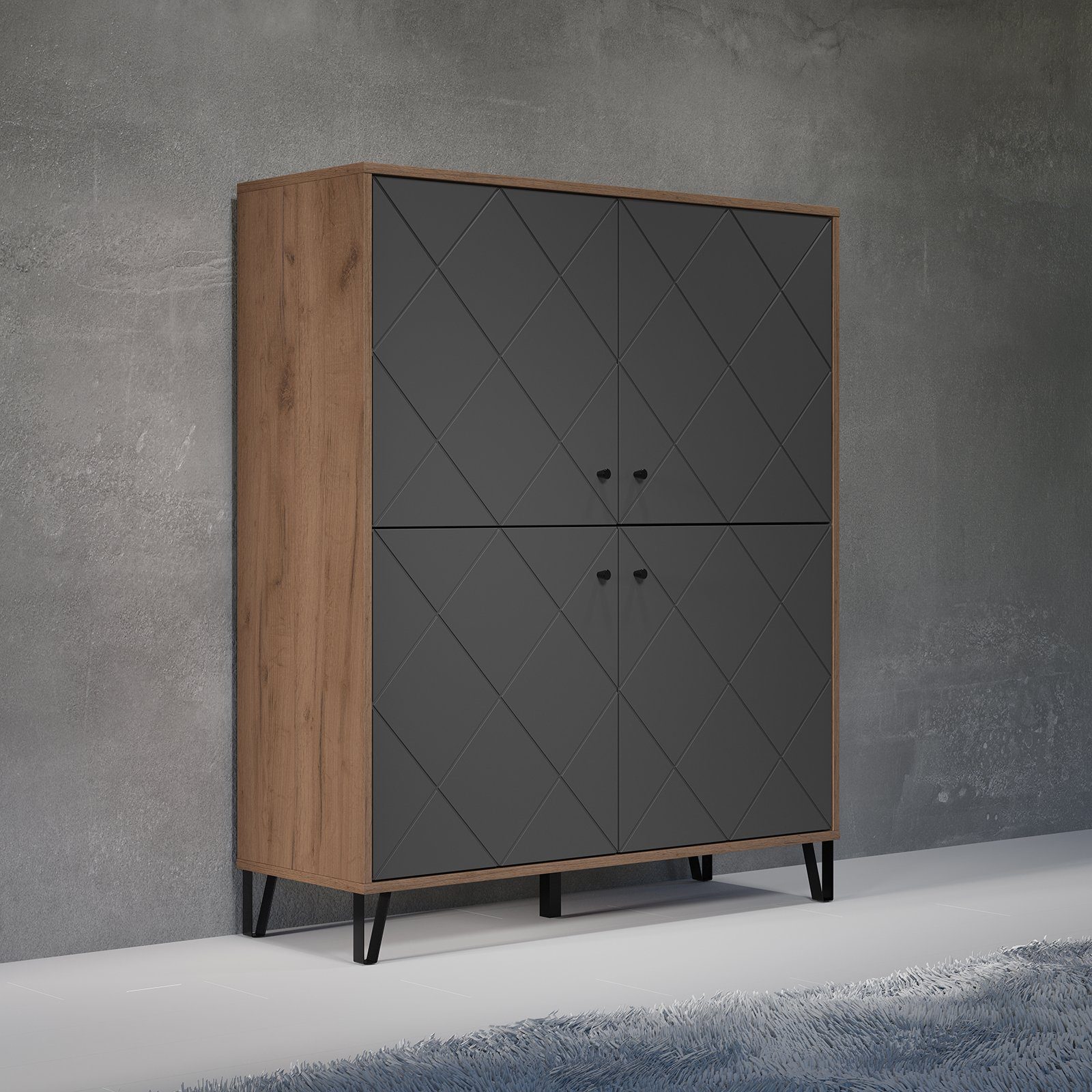 trendteam Highboard, Schrank Wohnzimmerschrank Kommode Braun/Grau 123x136x40cm