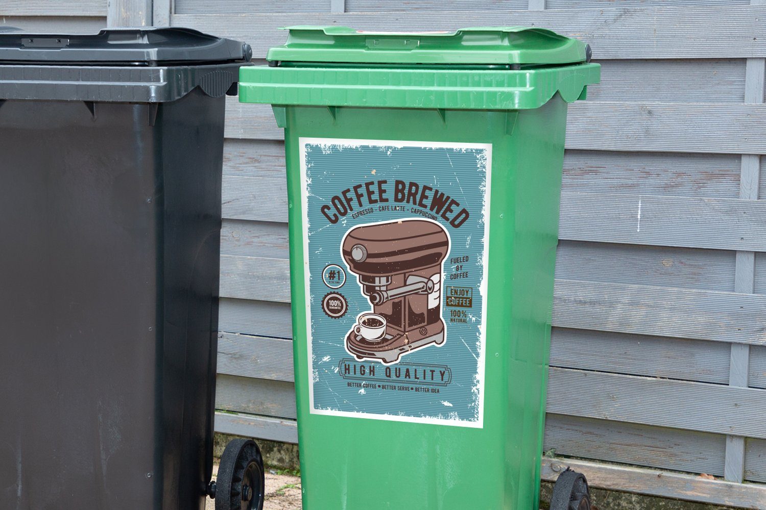 MuchoWow Wandsticker Kaffeemaschine - Retro - Mülltonne, - Kaffee Mülleimer-aufkleber, (1 Zeichnung Container, Abfalbehälter Sticker, St)