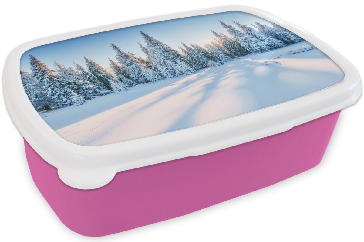 MuchoWow Kunststoff, Erwachsene, Lunchbox Kunststoff Brotbox Schnee für Wald rosa Mädchen, - Brotdose (2-tlg), - Kinder, Snackbox, Winter,