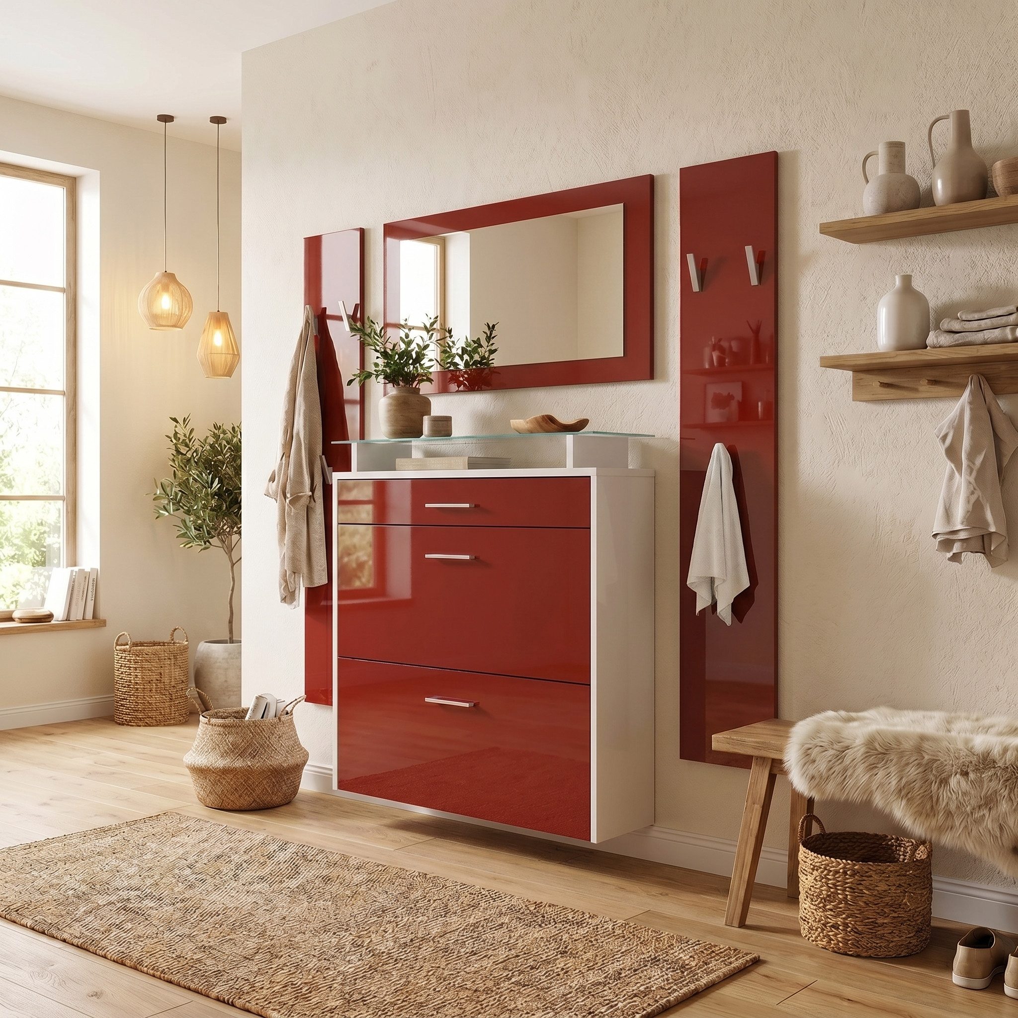 Vladon Garderoben-Set Malea, (Garderobenset bestehend aus 1 Hängeschuhschrank, 1 Wandspiegel und 2 Garderobenpaneele), Weiß matt/Bordeaux Hochglanz