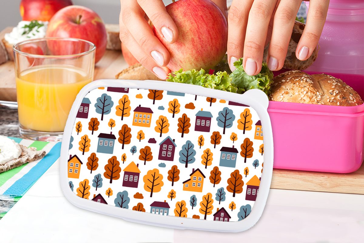 Muster Erwachsene, MuchoWow (2-tlg), Brotdose Mädchen, für Kunststoff Lunchbox - - Brotbox Kinder, Haus Snackbox, Kunststoff, Bäume, rosa