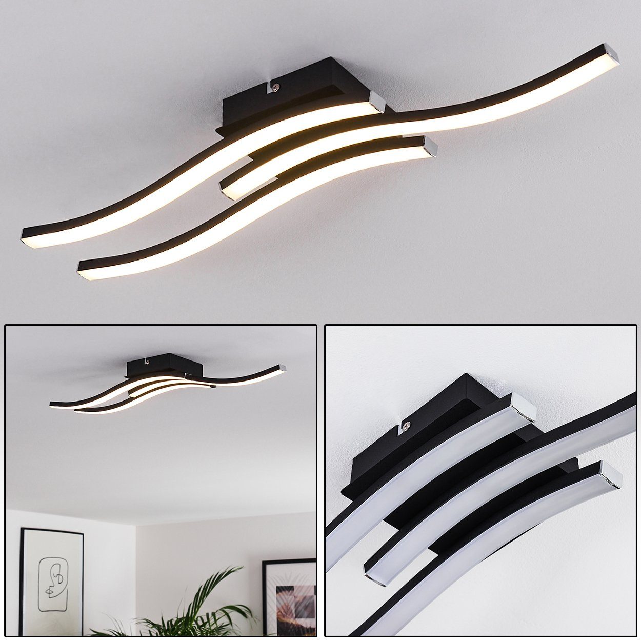 hofstein Deckenleuchte »Forio« moderne Deckenlampe aus Metall/Kunststoff in Schwarz/Weiß, 3000 Kelvin, 15 Watt, 1500 Lumen, geschwungene Leuchte in Wellenform