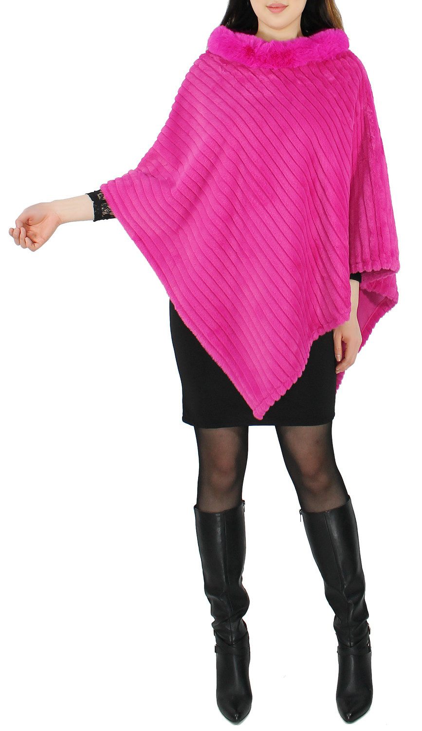 dy_mode Poncho Eleganter Damen Poncho in Kunstfell-Optik Cape Umhang Überwurf in Unifarbe