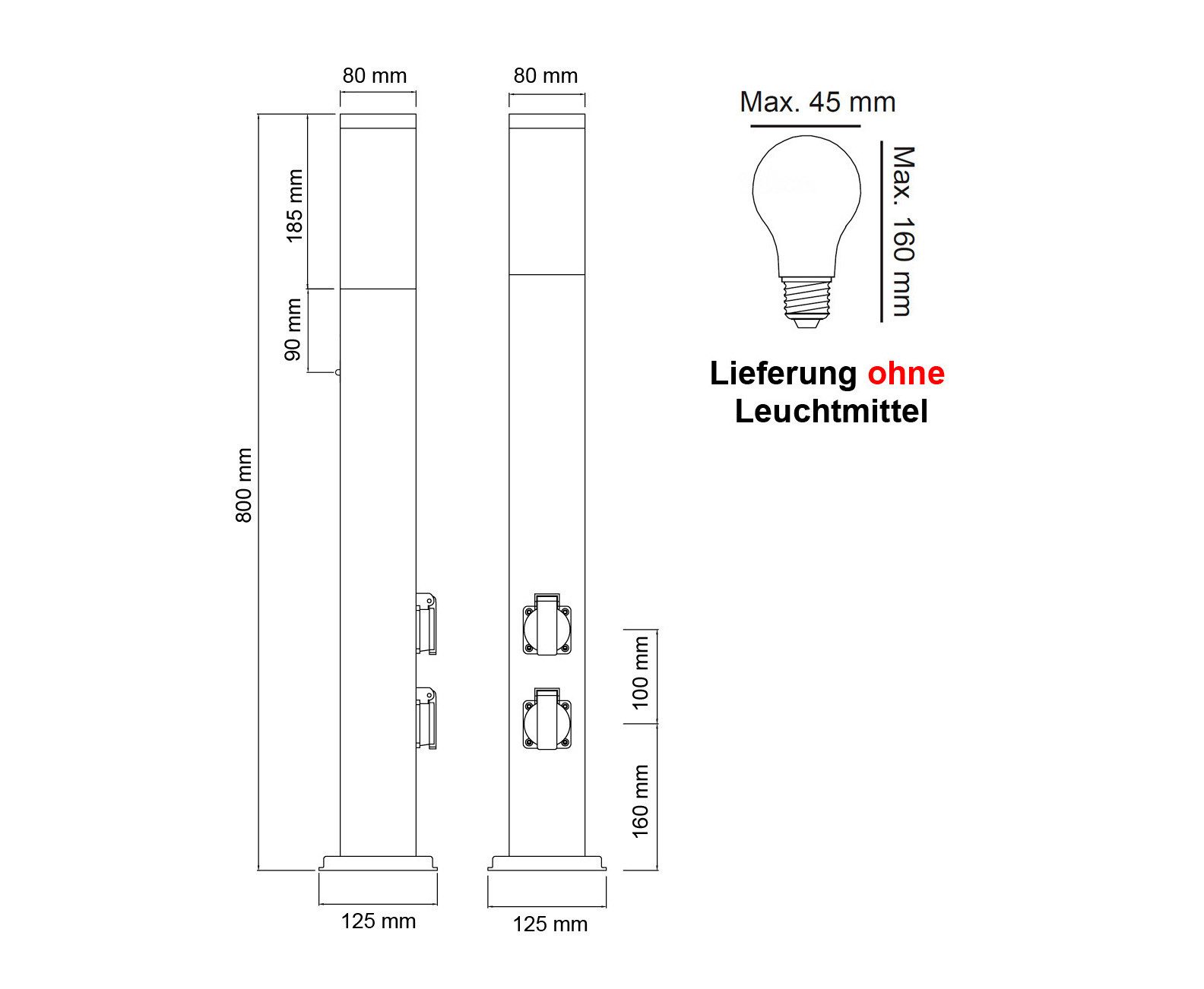 G&L Gartensteckdose LED Pollerleuchte IP44 Gartenstehlampe, Wegeleuchte mit E27-Fassung, Edelstahl Außenleuchte Stehleuchte, mit 2 Steckdosen, Leuchtmittel nicht inklusive