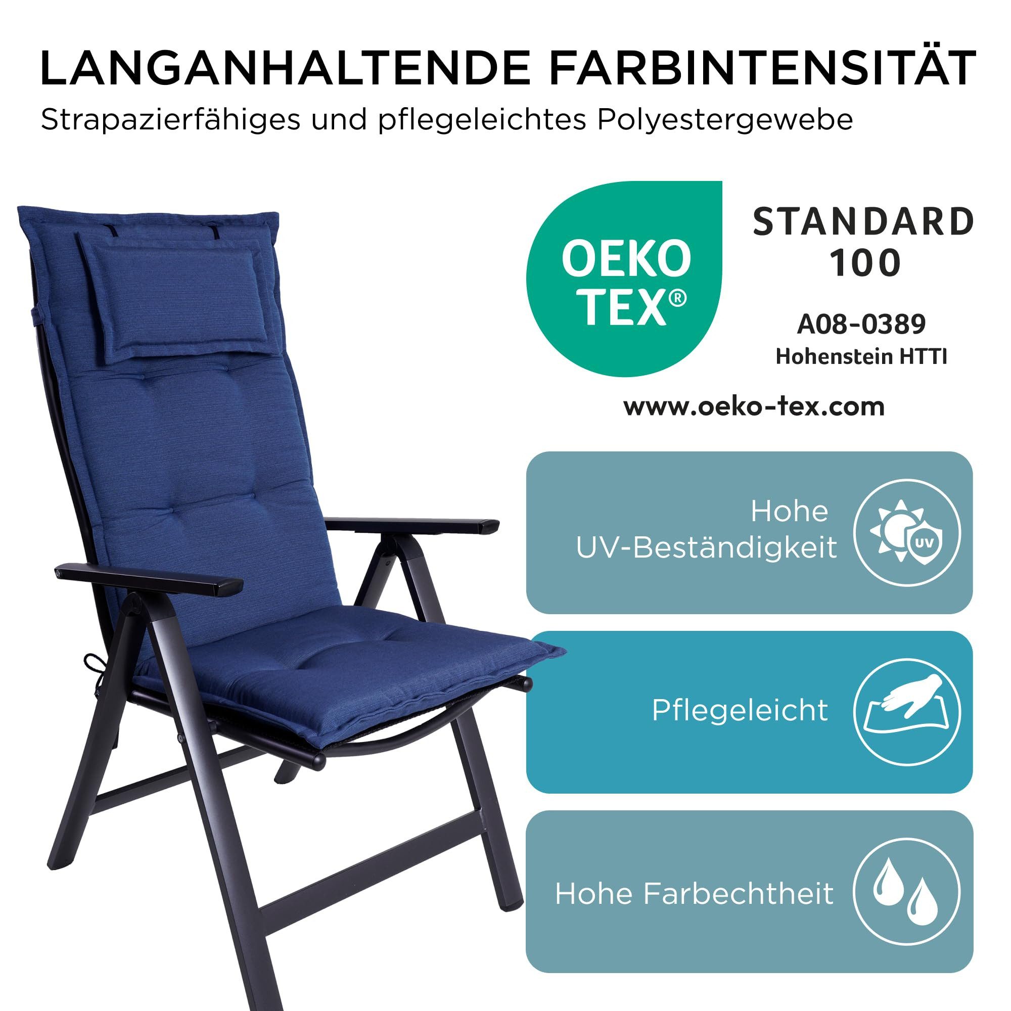 Gardisun Auflagekissen Gartenstuhlauflagen Polyester 6,5cm Hoch, Kopfteil, (Extra dicke Sitzauflage, 1-8er Set, versch. Muster)