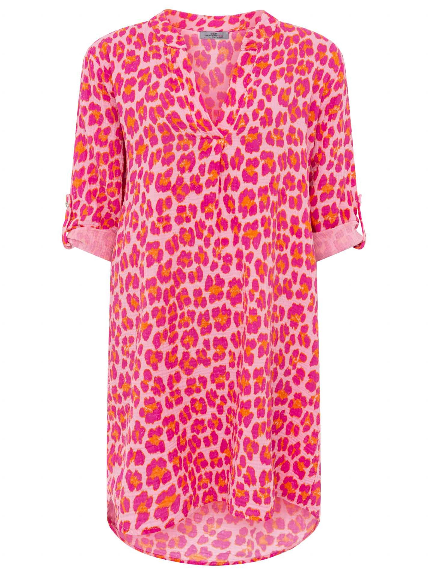 Zwillingsherz Blusentop "Rom" Turn-Up Ärmel, V-Neck. Leo-Muster, Musselin