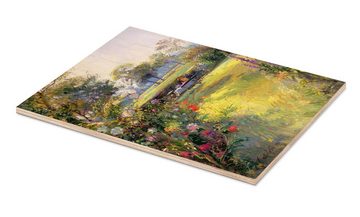 Posterlounge Holzbild Timothy Easton, Lesen im Garten, Landhausstil Malerei