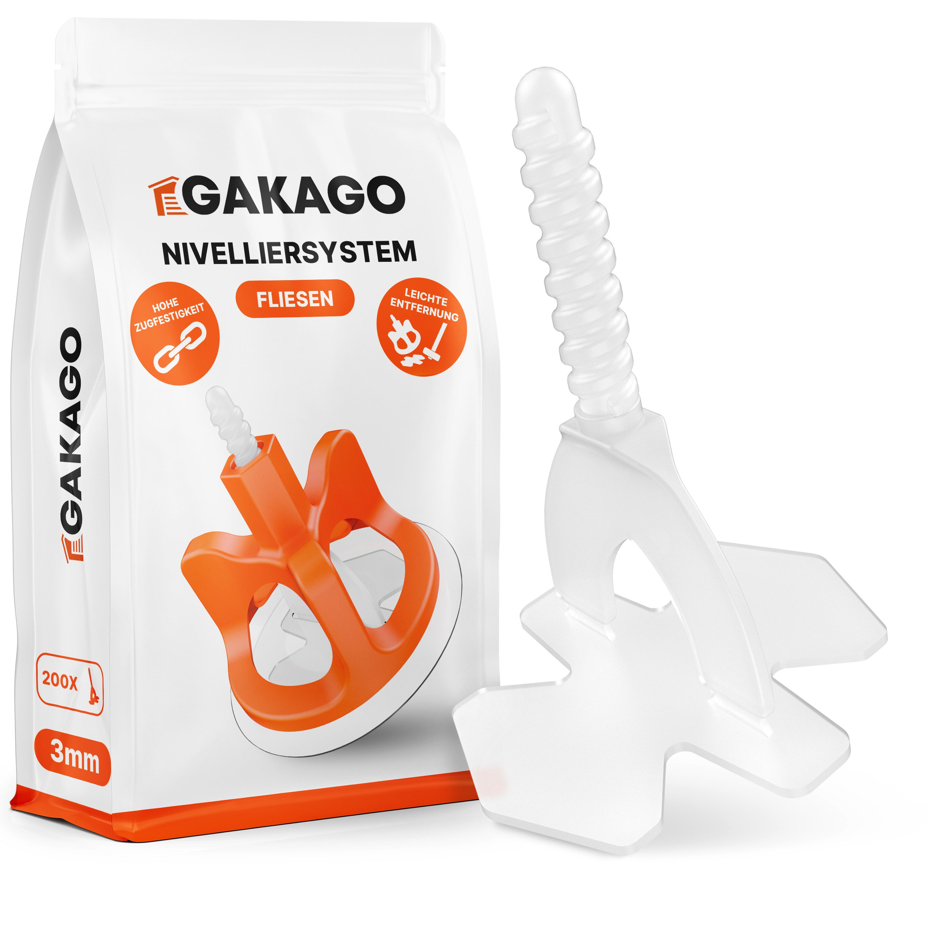 Gakago Nivelliersystem Fliesen (200-tlg., Gewindelaschen 3mm) Verlegehilfe für ein perfektes Fugenbild - Für Fliesenstärken 3-18mm