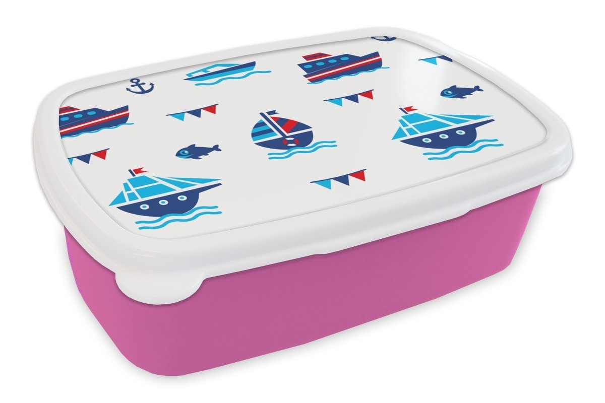 MuchoWow Lunchbox Boot - Blau - Rot - Junge - Muster, Kunststoff, (2-tlg), Brotbox für Erwachsene, Brotdose Kinder, Snackbox, Mädchen, Kunststoff rosa