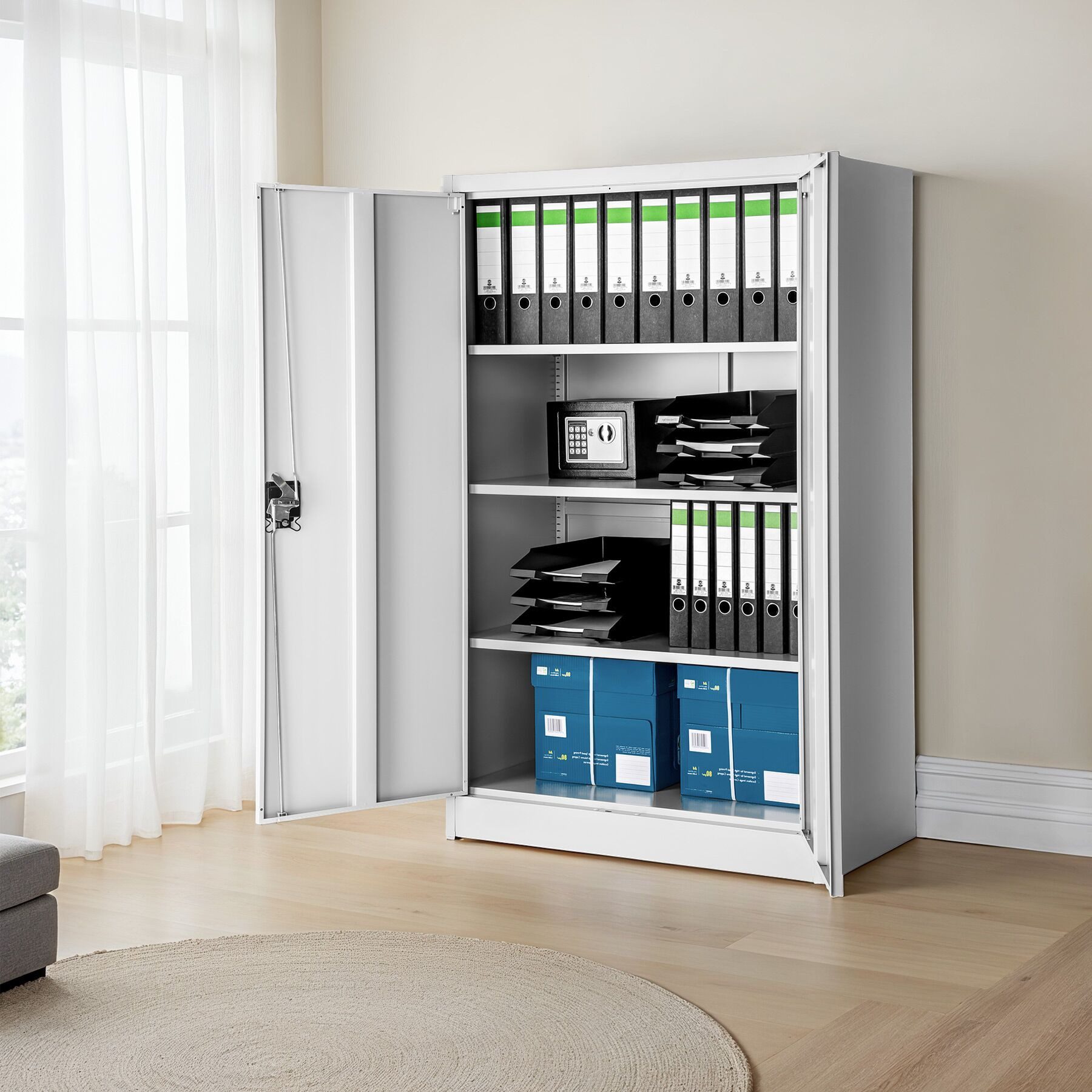 tectake Aktenschrank abschließbarer Büroschrank mit 4 höhenverstellbaren Böden (aktienschrank abschliessbar, 1-St., in Grad) pulverbeschichteter Stahl, stabiler Stand