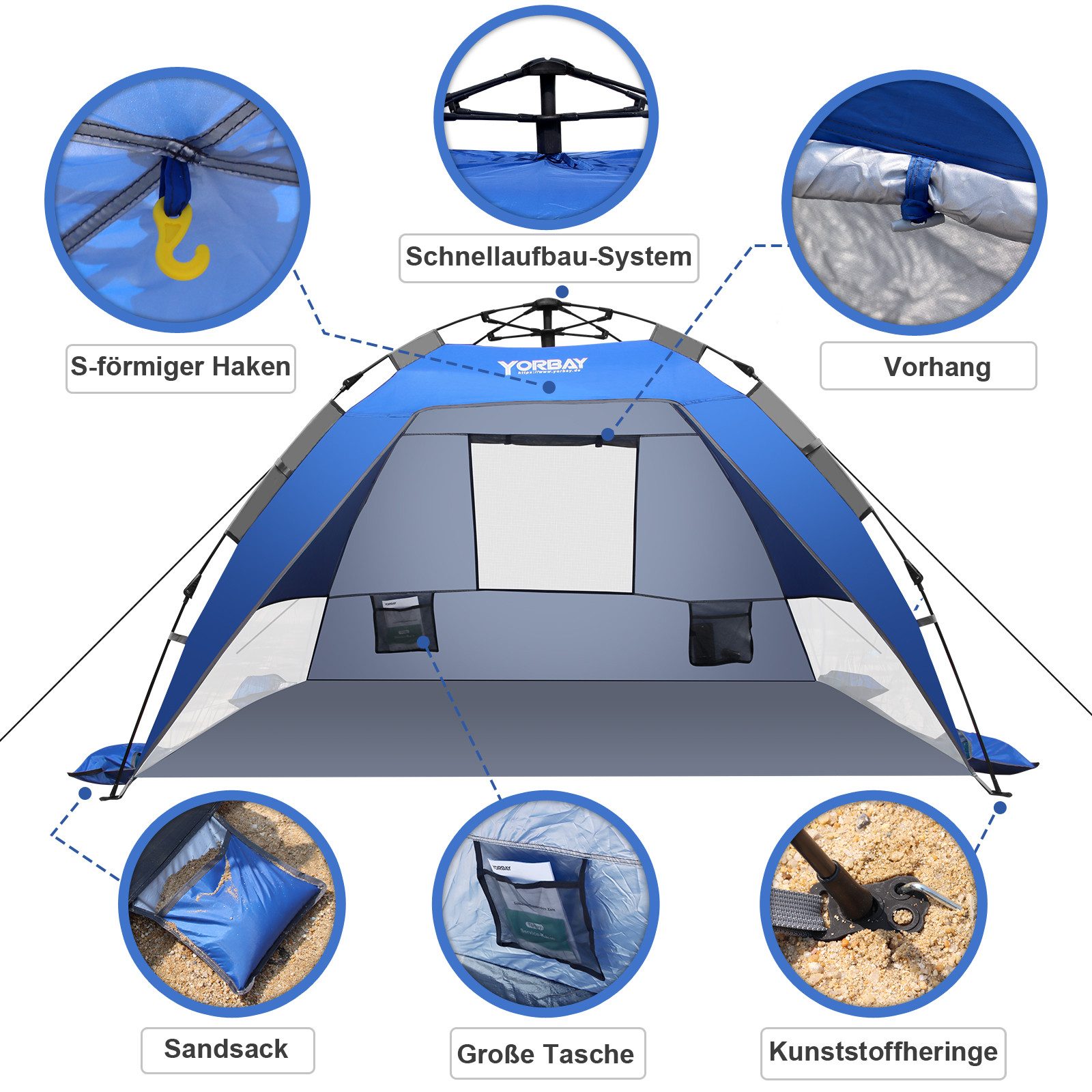 Yorbay Strandmuschel Automatik-Strandzelt Campingzelt mit UV-Schutz 50+ für 2-3 Personen, (mit Heringen, Sandtasche und Tragetasche), schnell aufbauend für Strand, Garten, Camping, Anglen, Outdoors