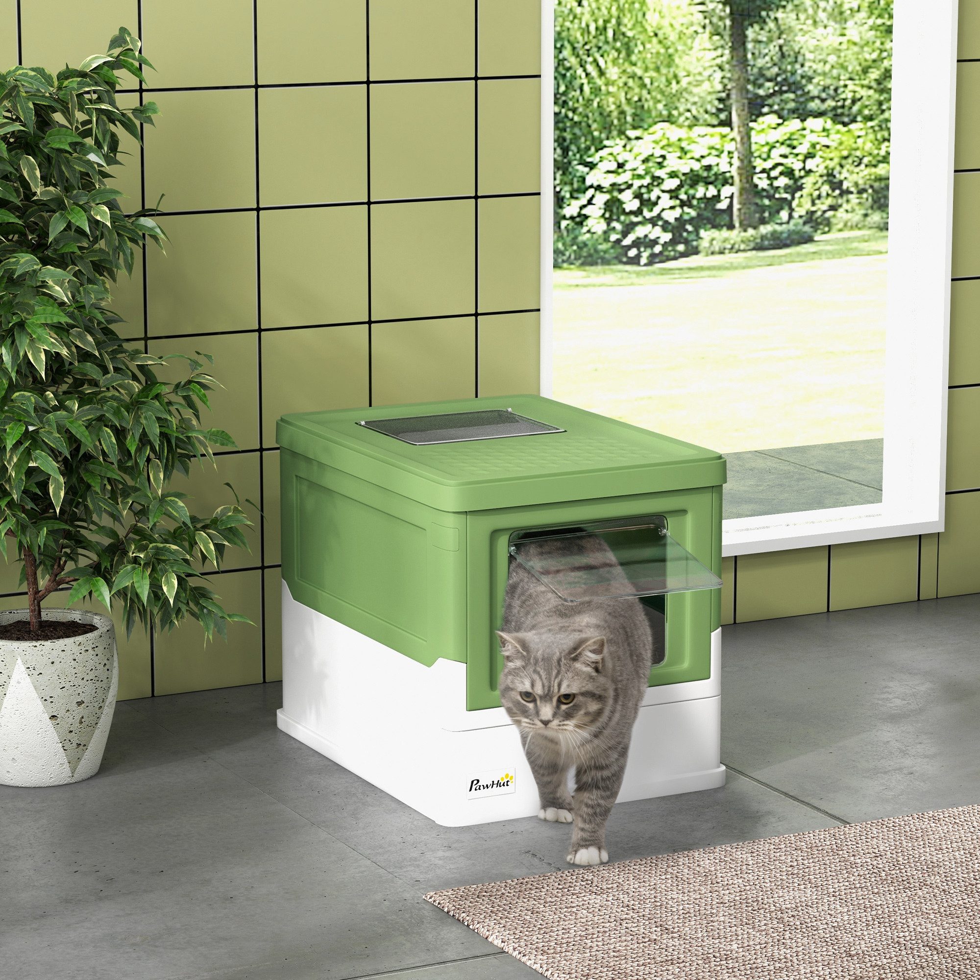 PawHut Katzentoilette mit Deckel inkl. Schaufel, ausziehbares Tablett, Katzenhaus, Kunststoff, Weiß+Grün 47,5 x 35,5 x 36,7 cm