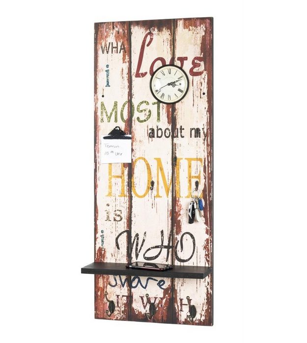 möbelando Wandgarderobe Home Memoboard MDF mit Dekor Schriftzug &quot;Home&quot; in Vintageoptik inklusive Ablage in schwarz mit integrierter Uhr 5 Schlüsselhaken und 3 Garderobenhaken und einer Metallklammer