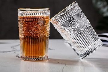 Cheffinger Gläser-Set 300ml Retro Vintage Trinkgläser Gold Kante 2 Gläser Whiskey Cocktail
