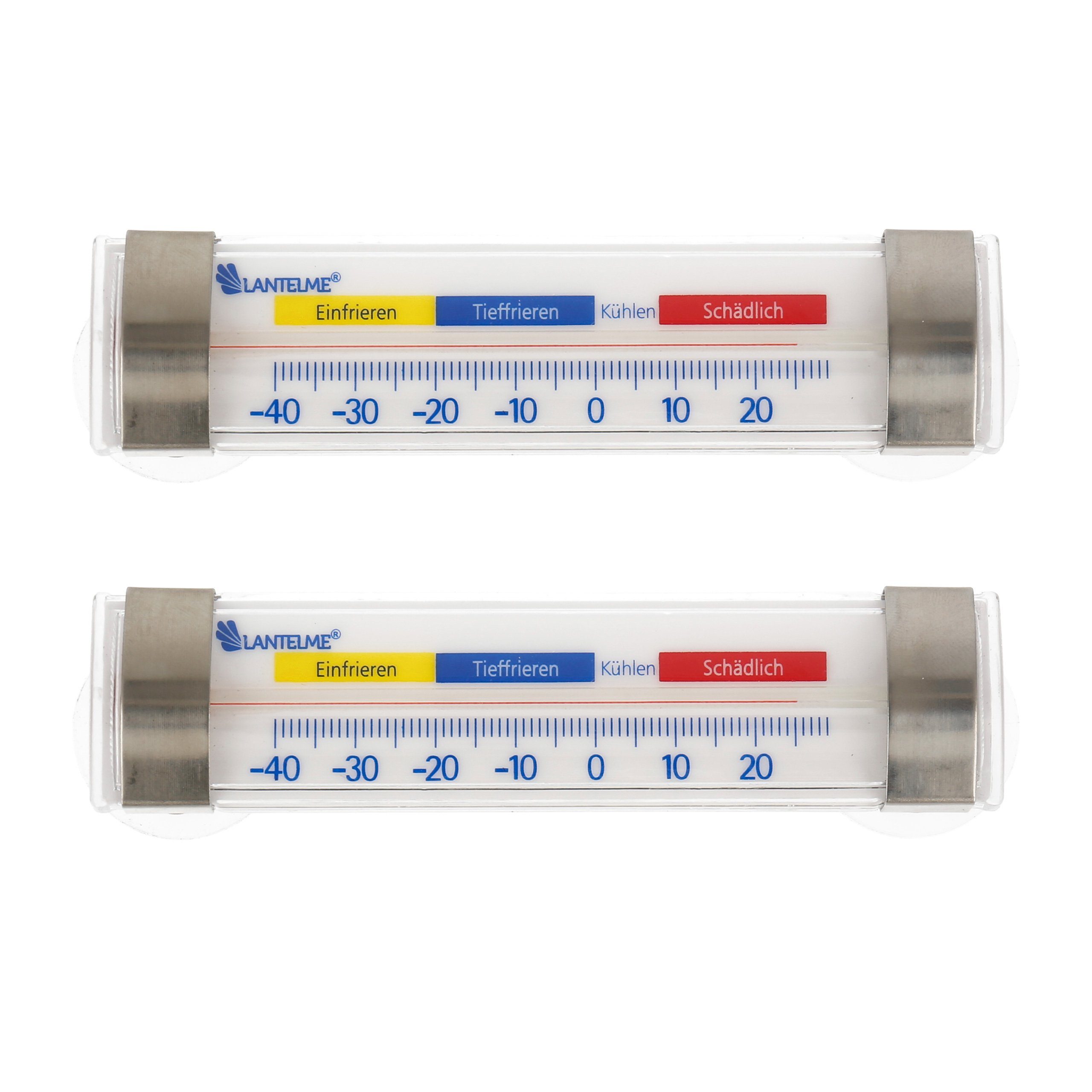 Lantelme Kühlschrankthermometer 2 Stück Set Selbstklebend mit Saugnapf Gefrierschrank Thermometer, Spar-Set 2-tlg., für Kühlschrank, Gefrierschrank, Kühltheke, Temperatur -40 bis +24°C