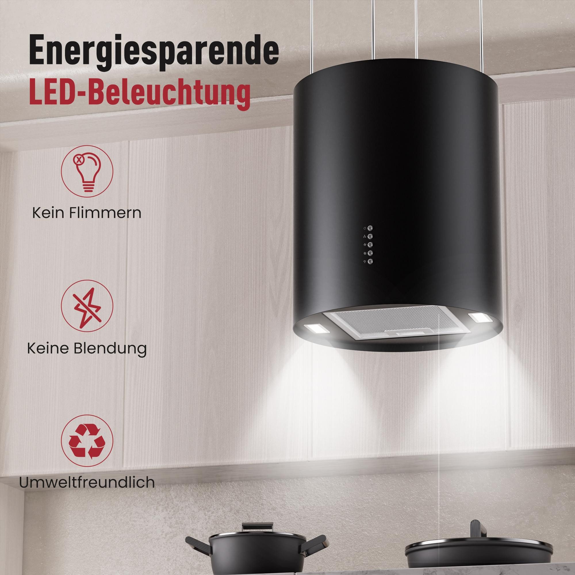 Levivo Inselhaube A+ Dunstabzugshaube Umluft Freihängend mit 530 m³/h Luftleistung Aktivkohlefiltern, Fettfiltern, LED-Beleuchtung – Bild 4 von 5