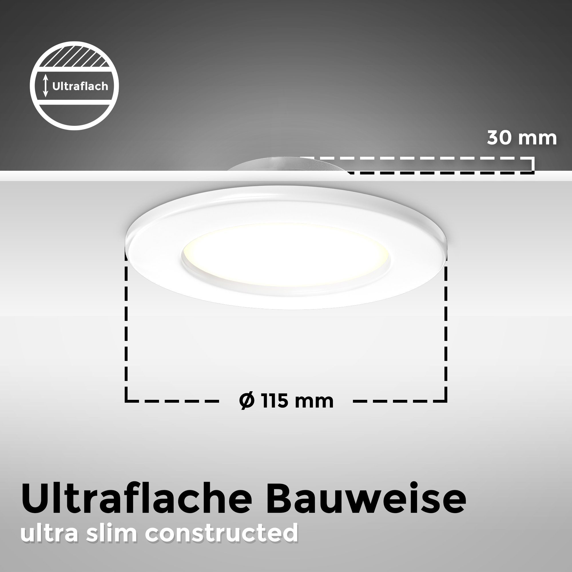 3.000K, Bad-Einbaustrahler, 6er Außenmaß, Ø10cm Licht, integriert, Warmweißes LED B.K.Licht Lochbohrung, fest Badleuchten Einbauleuchte Ø11,5cm Weiß, 450Lm, BK_EL1273 Warmweiß, IP44, LED LED Set,