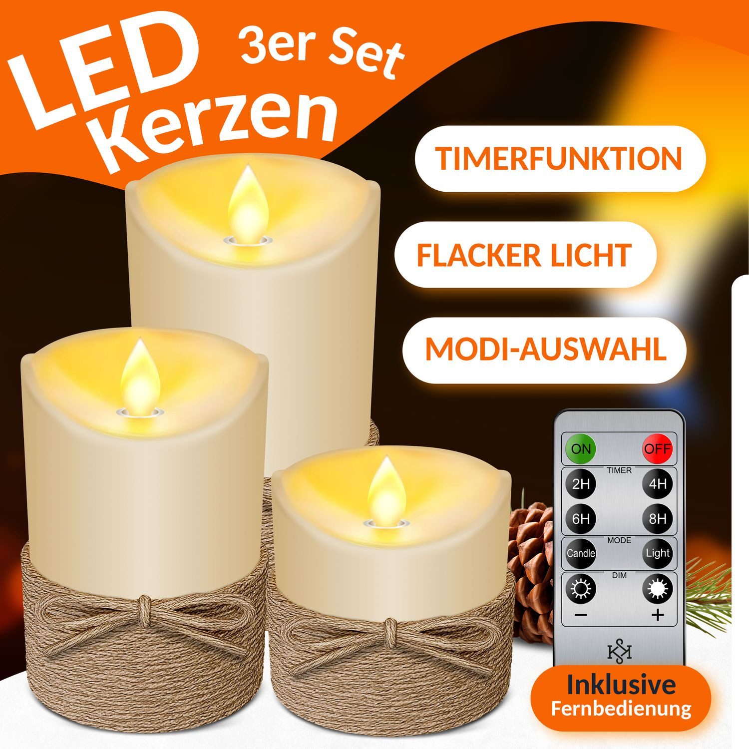 KESSER LED-Kerze, 3er Set Echtwachs Kerze Flammenlos mit Fernbedienung, Tim günstig online kaufen