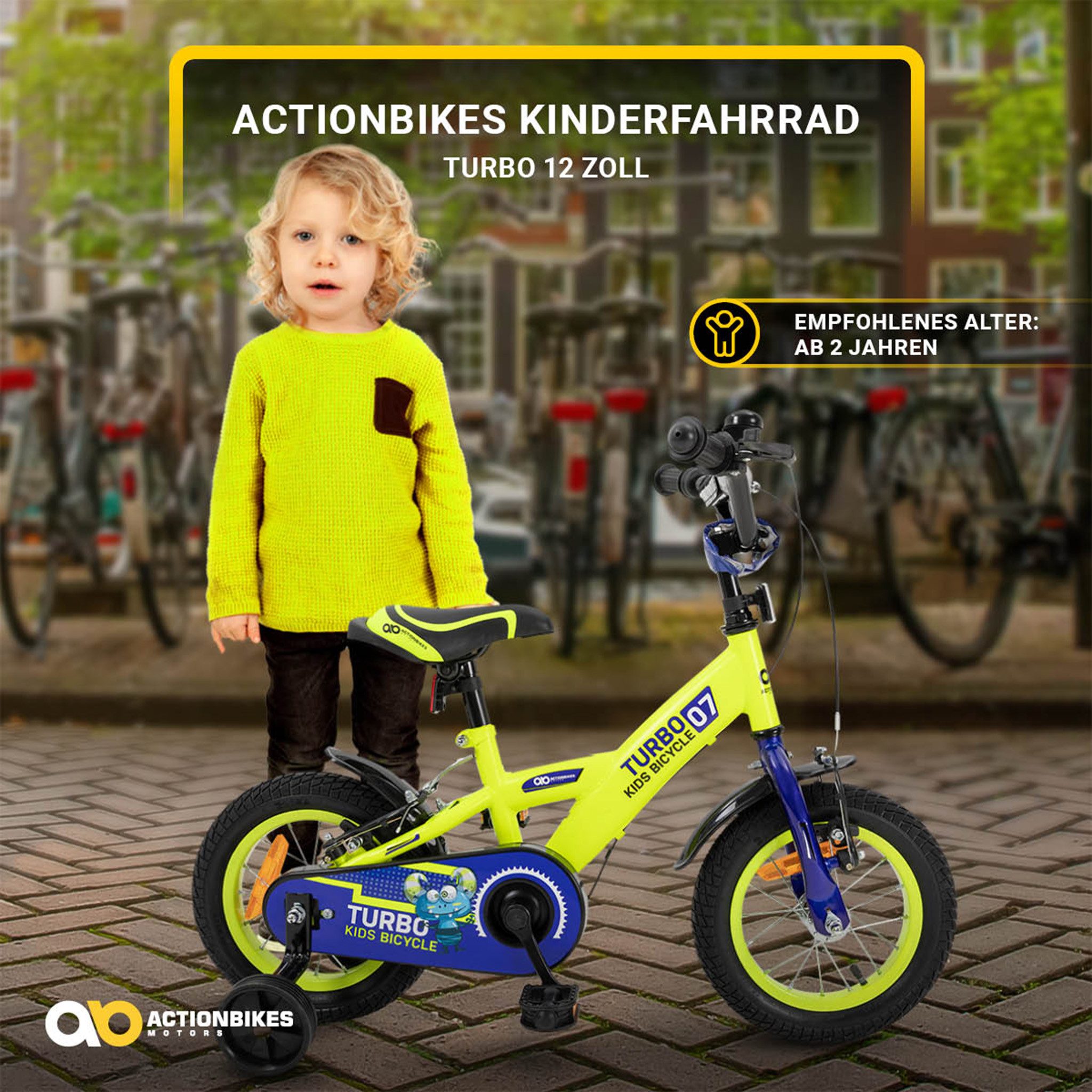 Actionbikes Motors Kinderfahrrad Kinder Fahrrad Turbo mit Stützräder, 1 Gang, ohne Schaltung, (12 Zoll, ab 95 cm Körpergröße, max. Zuladung 35 kg, Stützräder, Reflektoren, Antirutschgriffe, Lenkerschutz, Kettenschutz, V-Brake-Bremse, Luftbereifung, Schutzbleche, gelb / blau), höhenverstellbares Bike Jungen Mädchen Kinderrad ab 2 Jahre