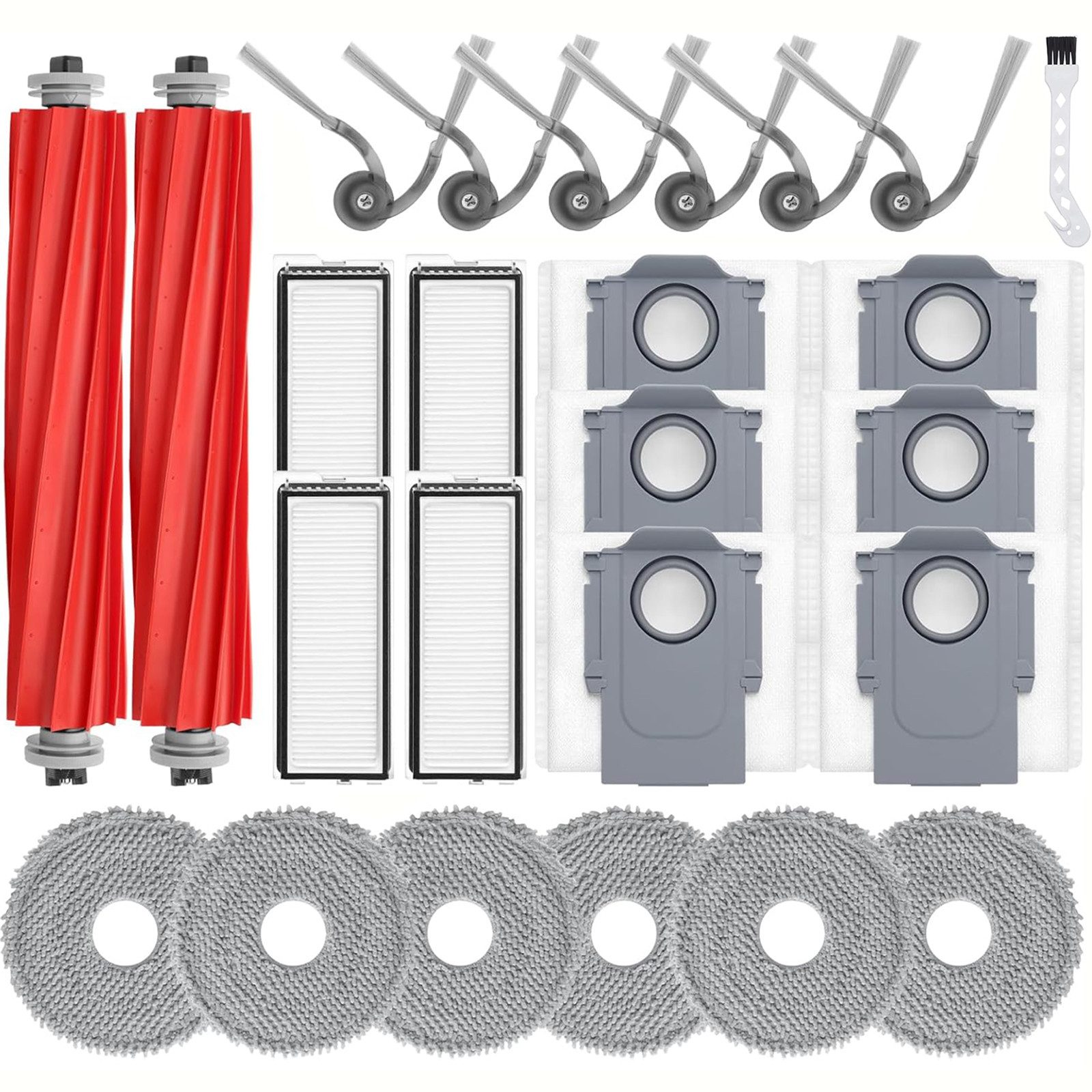 SURFOU Saugroboter Zubehör-Set 25-teilig für Roborock Qrevo, QV35A, QV35S – inkl. Reinigungsbürste, 2 Hauptbürsten 4 HEPA Filter 6 Mopptücher 6 Seitenbürsten 6Staubbeutel