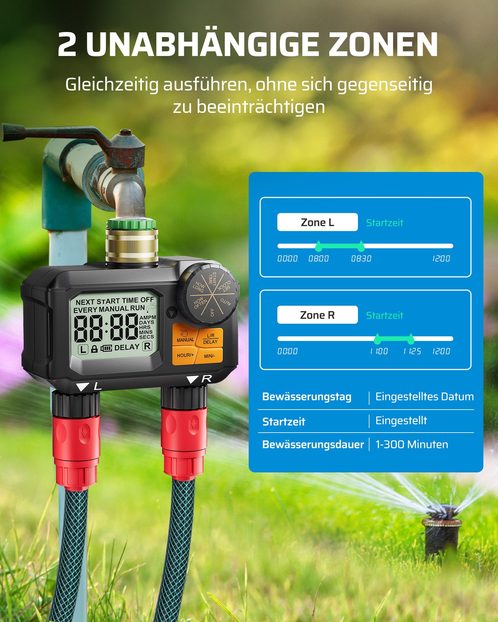 DEWENWILS Bewässerungscomputer 2 Ausgänge, Bewässerungssteuerung für Garten Balkon Terrasse, Automatisch/Manueller Modus, Regenverzögerung