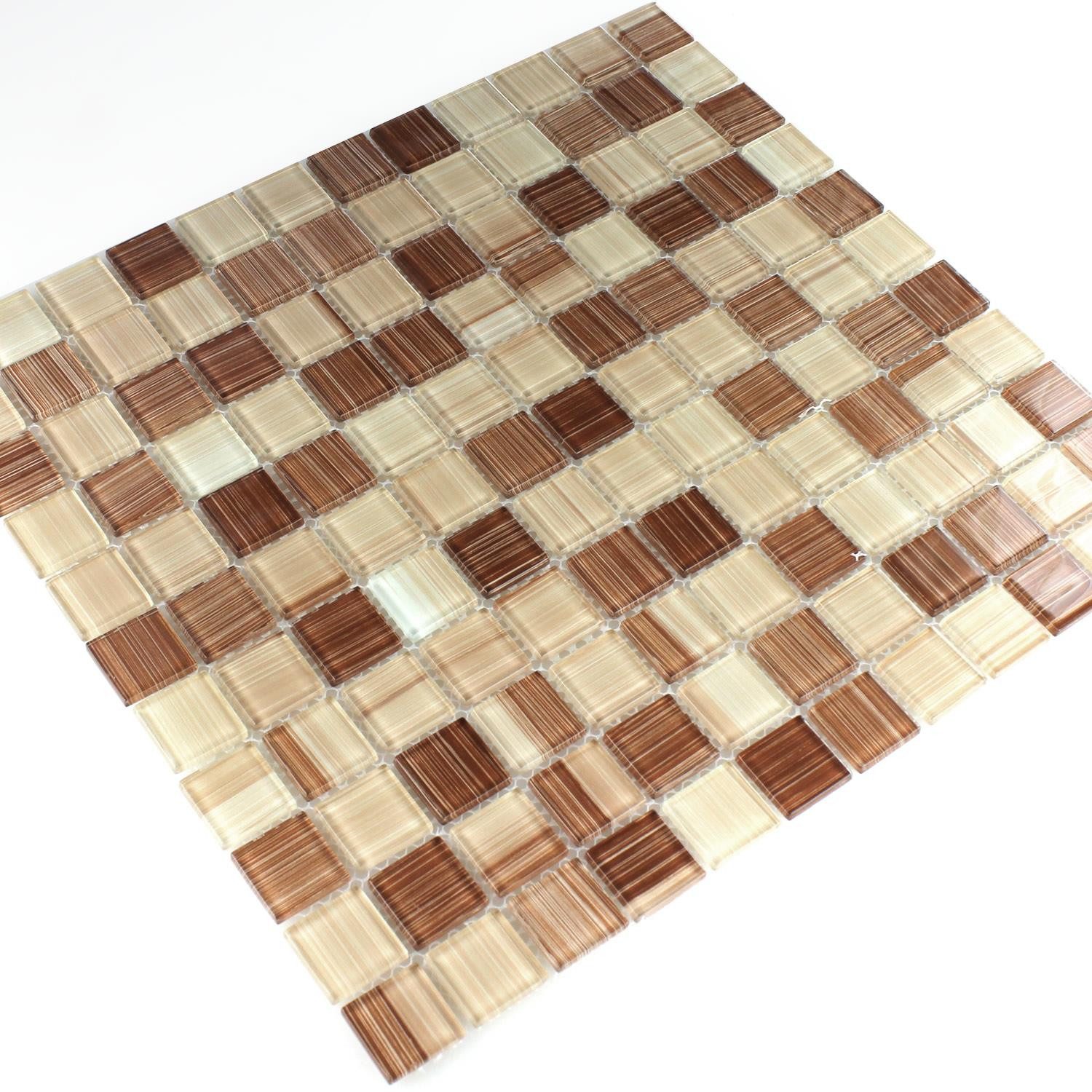 Mosafil Mosaikfliesen Glasmosaik Fliesen Lafayette Gestreift, Glas 32.700x30.200, beige-braun, Verlegefertig auf ein Netz geklebt - Frostsicher - Wasserdicht -