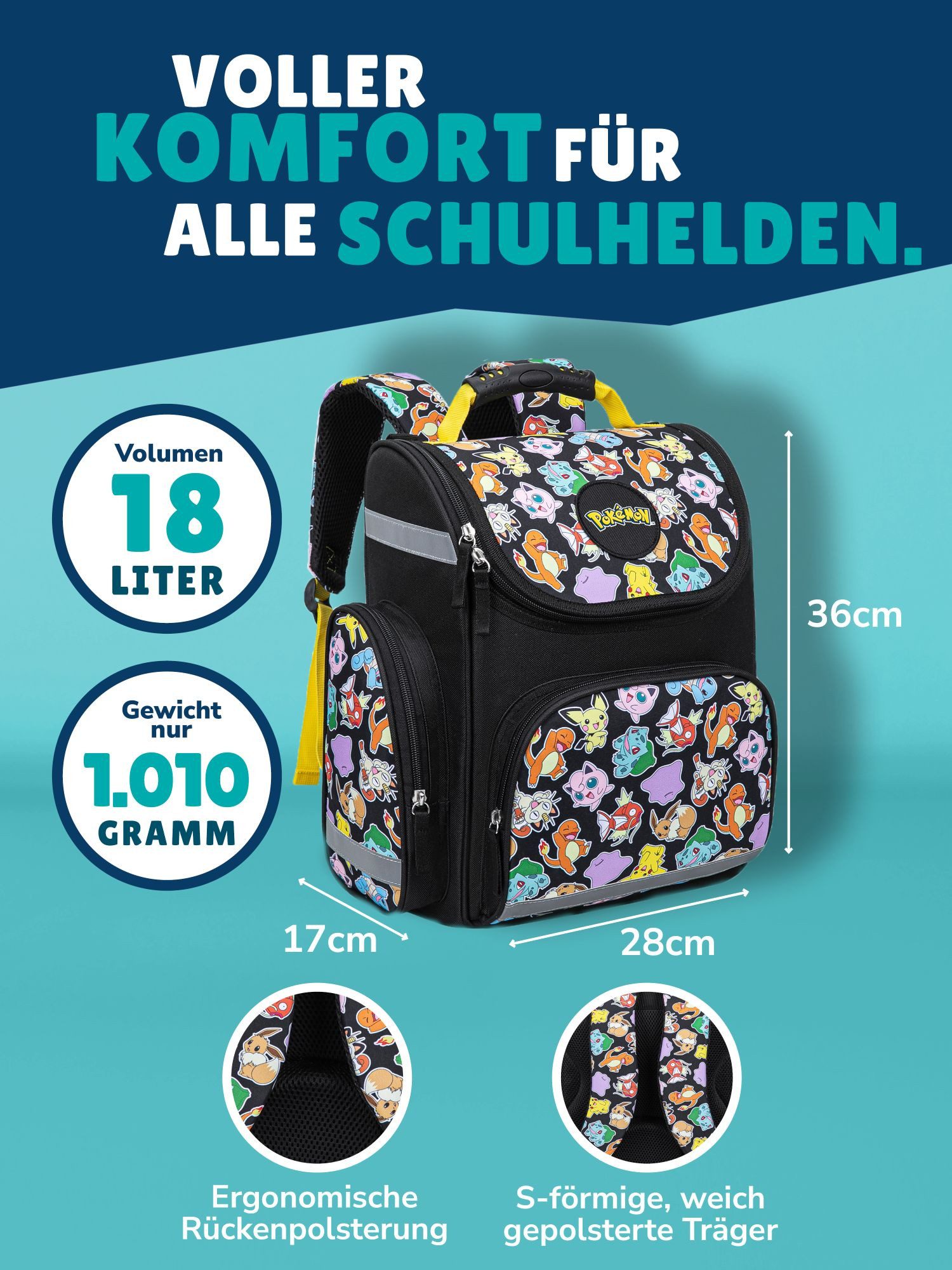 Familando Schulranzen Pokemon Pikachu Schultasche ab der 1. Klasse (Set, 6-tlg., inkl. Federmäppchen und Sporttasche), ergonomisch, 1.010 Gramm leicht, 18L Volu – Bild 2 von 5