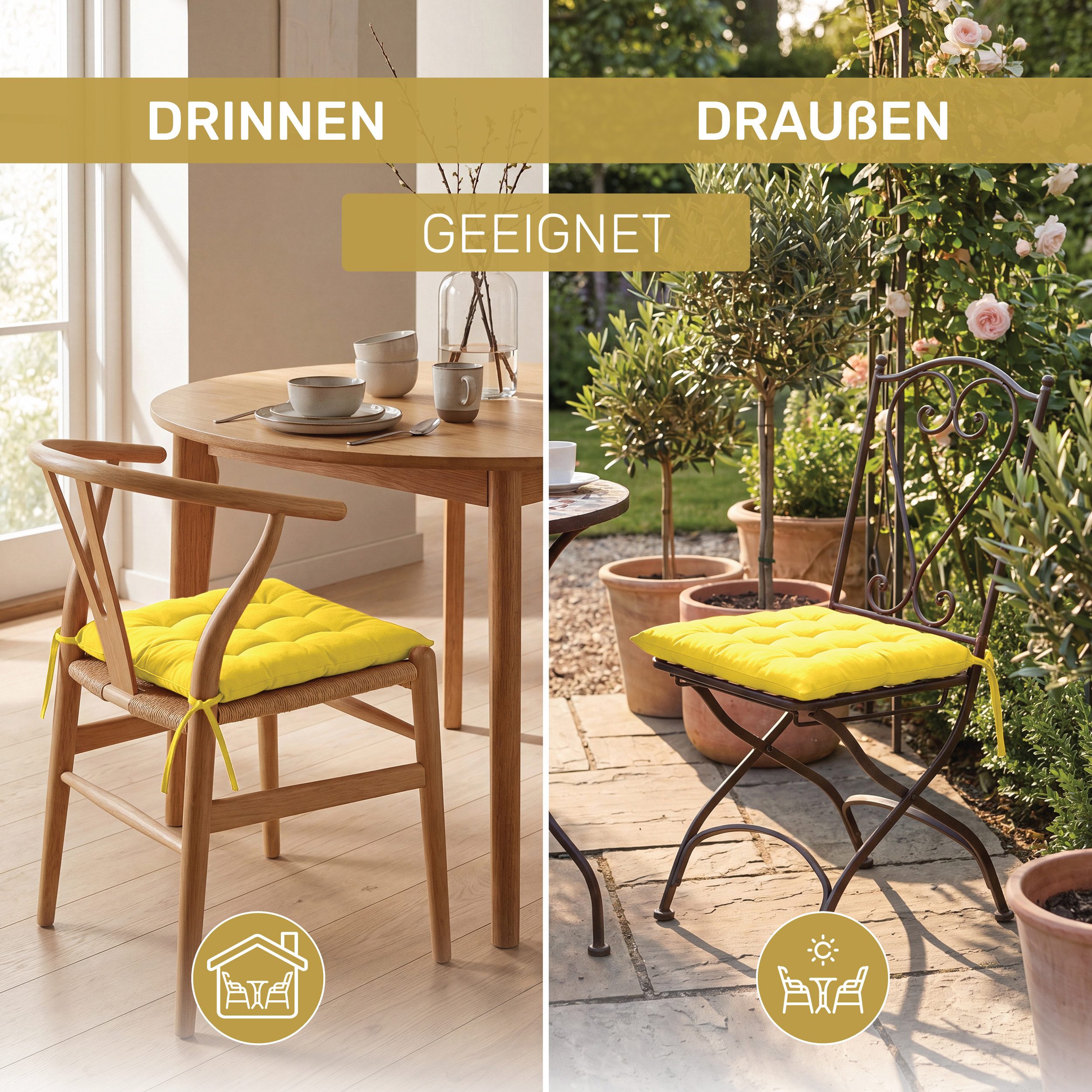 Lavea Stuhlkissen Lavea® Sitzkissen & Stuhlkissen 40x40 cm – 4er/8er Set, 40x40x3 cm, mit Stoffbändern, Indoor & Outdoor, für Garten & Balkon