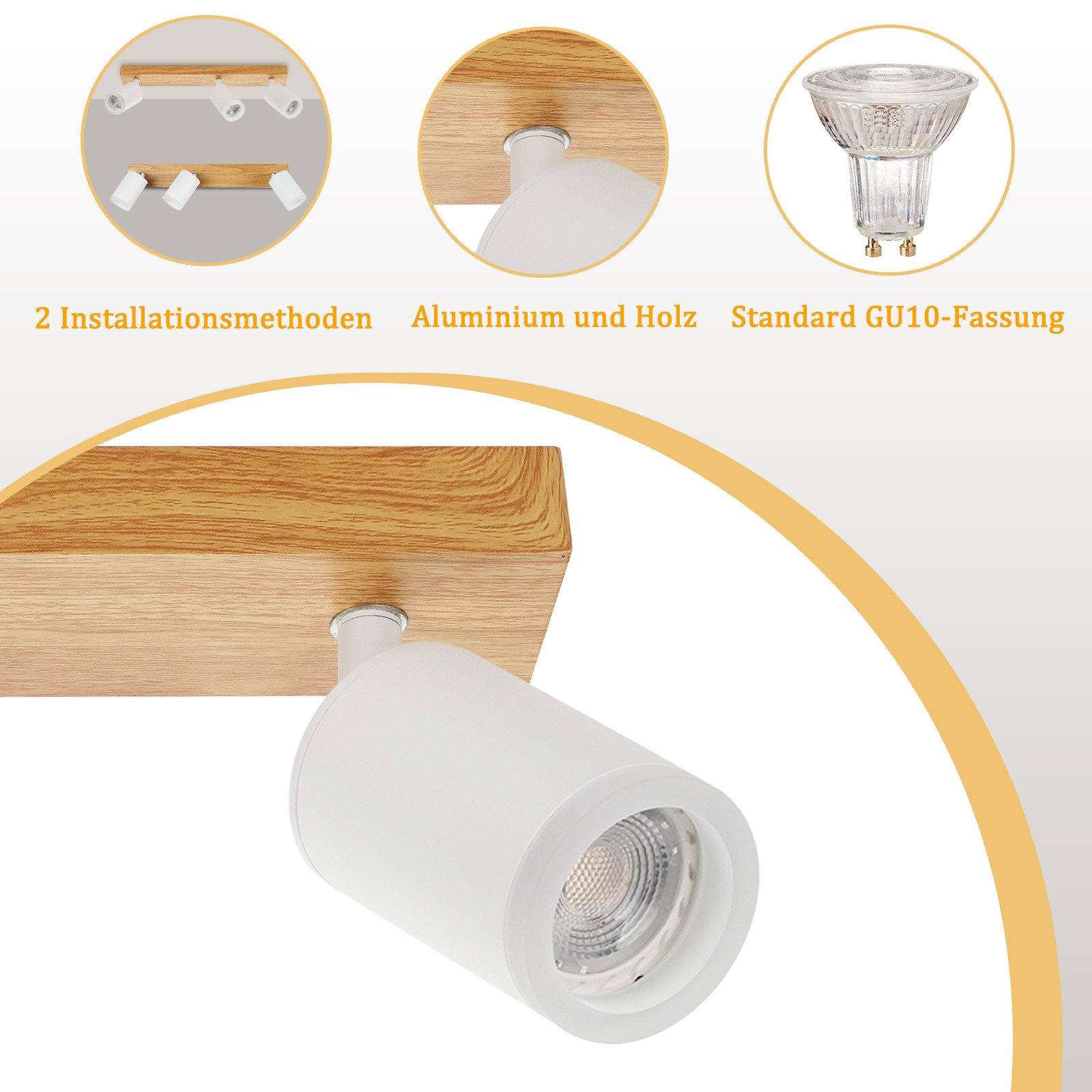ZMH LED Deckenstrahler 2/3/4 Flammig GU10 Holz-Acryl Deckenleuchte 350° Drehbar Wohnzimmer, ohne Leuchtmittel, Weiß, 2 Installationsmethoden(Decken/Wandmontage) – Bild 3 von 5