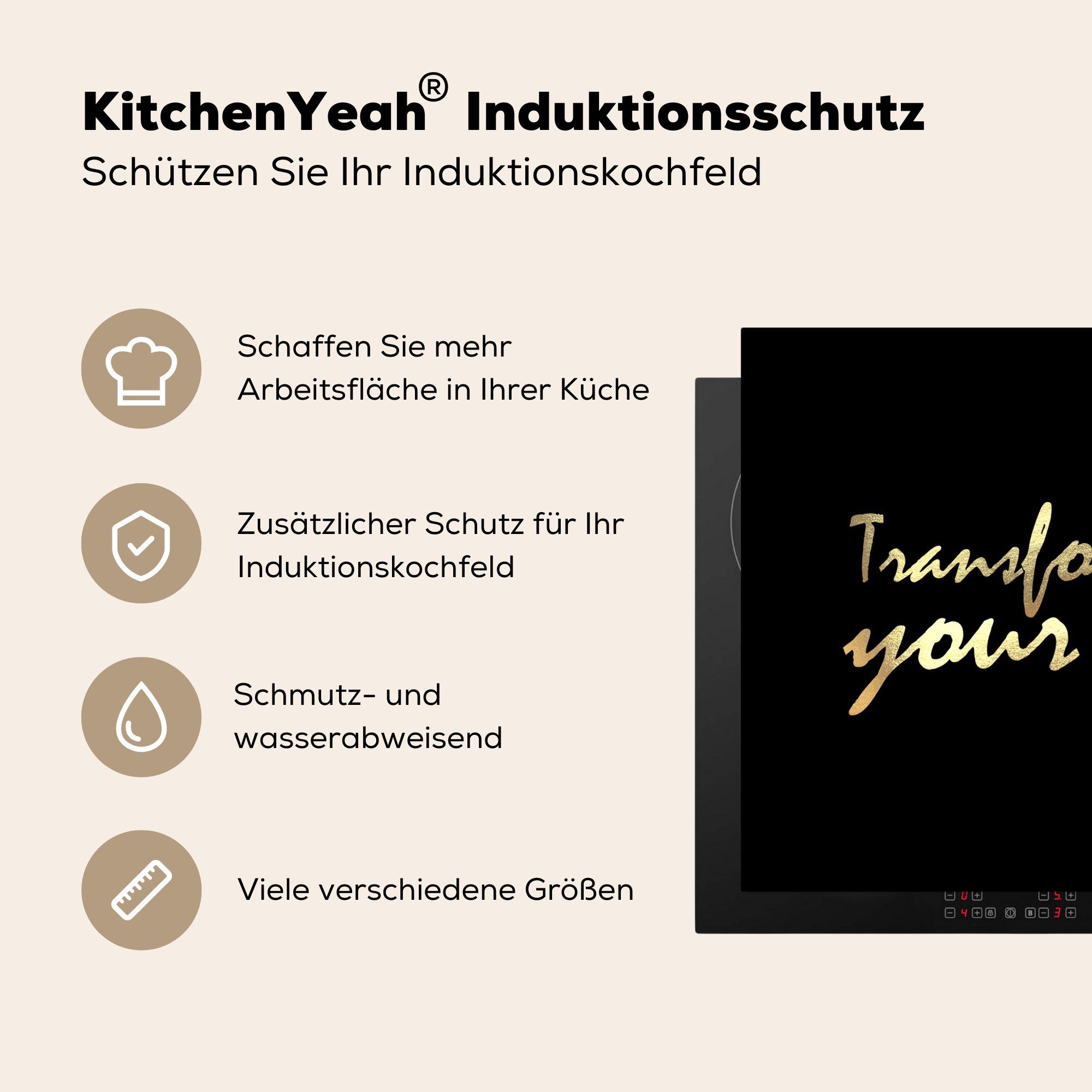 cm, Schwarz, küche Zitat Vinyl, - Gold 78x78 für Arbeitsplatte (1 Ceranfeldabdeckung, Herdblende-/Abdeckplatte - MuchoWow Leben tlg), -