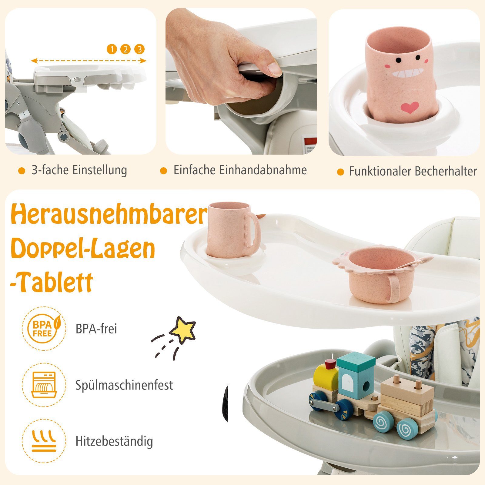 COSTWAY Hochstuhl Babystuhl, klappbar, verstellbar, mit Liegefunktion & Rädern