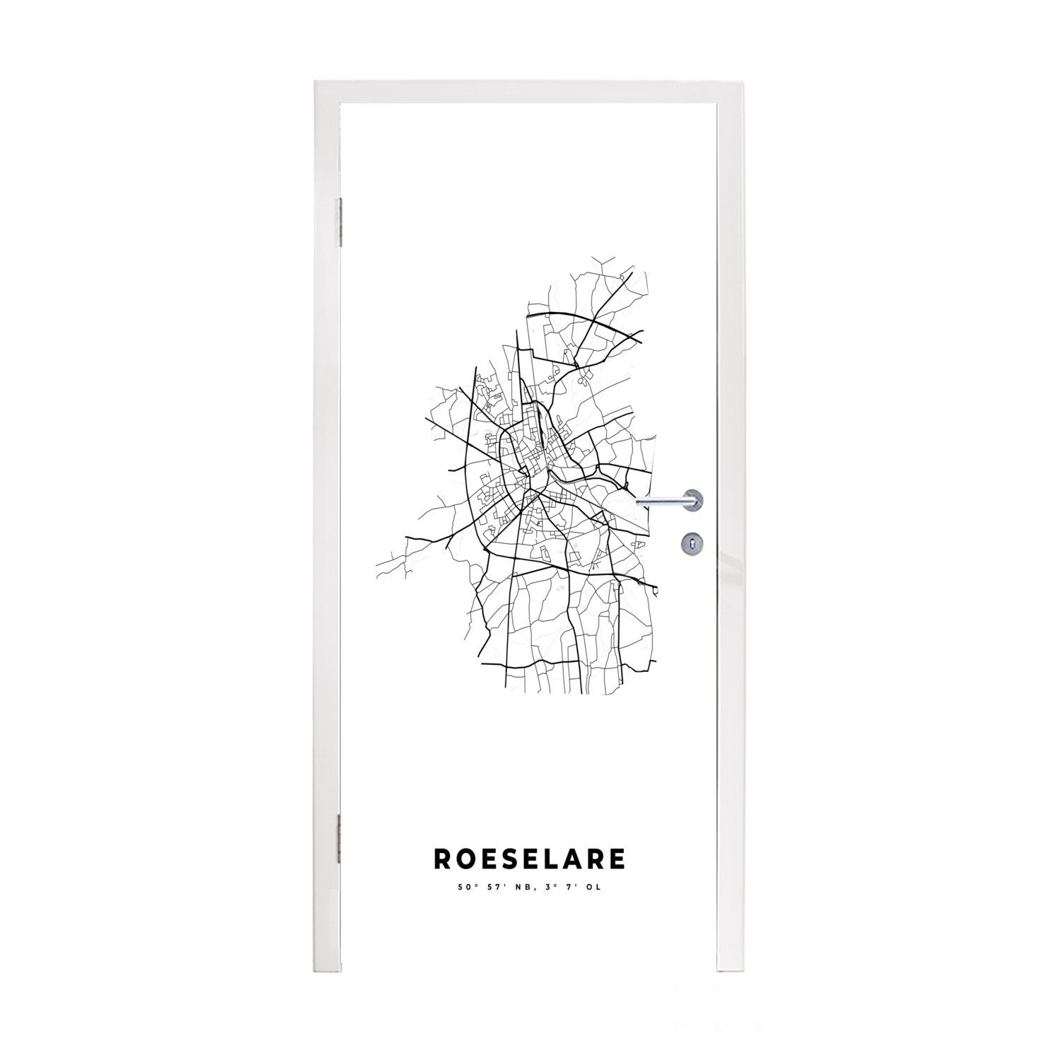 MuchoWow Türtapete Stadtplan - Schwarz und weiß - Karte - Roeselare - Belgien - Karte, Matt, bedruckt, (1 St), Fototapete für Tür, Türaufkleber, 75x205 cm