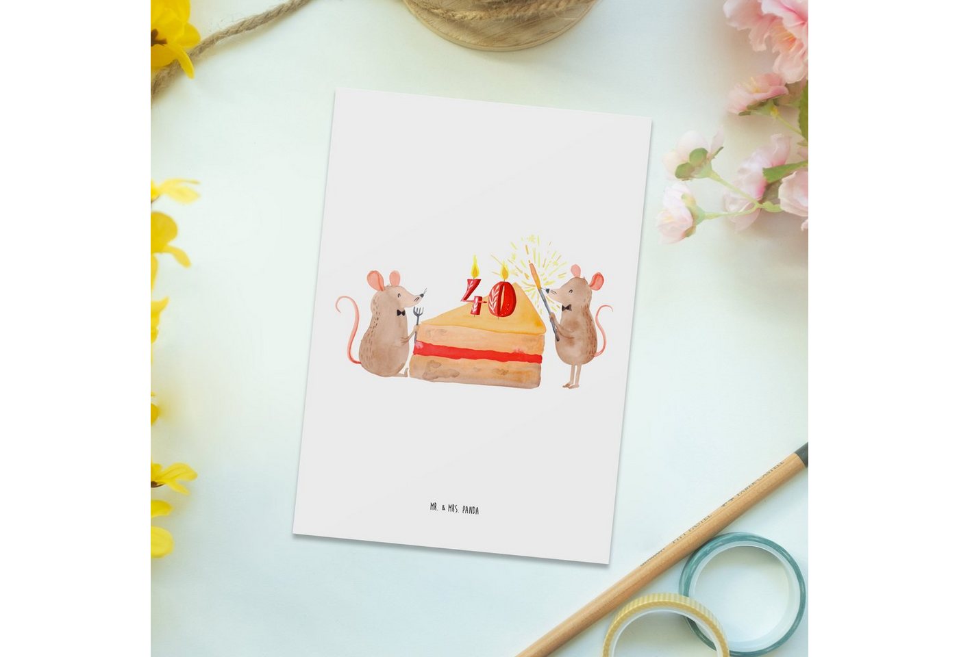 Thumbnail - Mr. & Mrs. Panda Postkarte 40. Geburtstag Mäuse Kuchen - Weiß - Geschenk, Karte, Torte, Einladun, Glücksmomente teilen