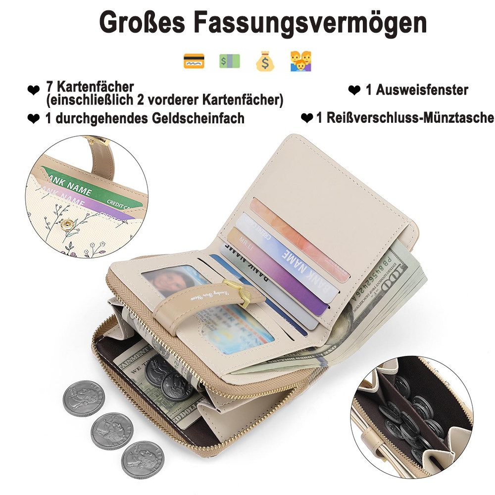 Zaewry Geldbörse Kleine Damen Geldbörse,modisch, niedlicher Margeriten-Aufdruck, Leder, Bifold, kompakt, RFID-geschützt, mit Reißverschlusstasche