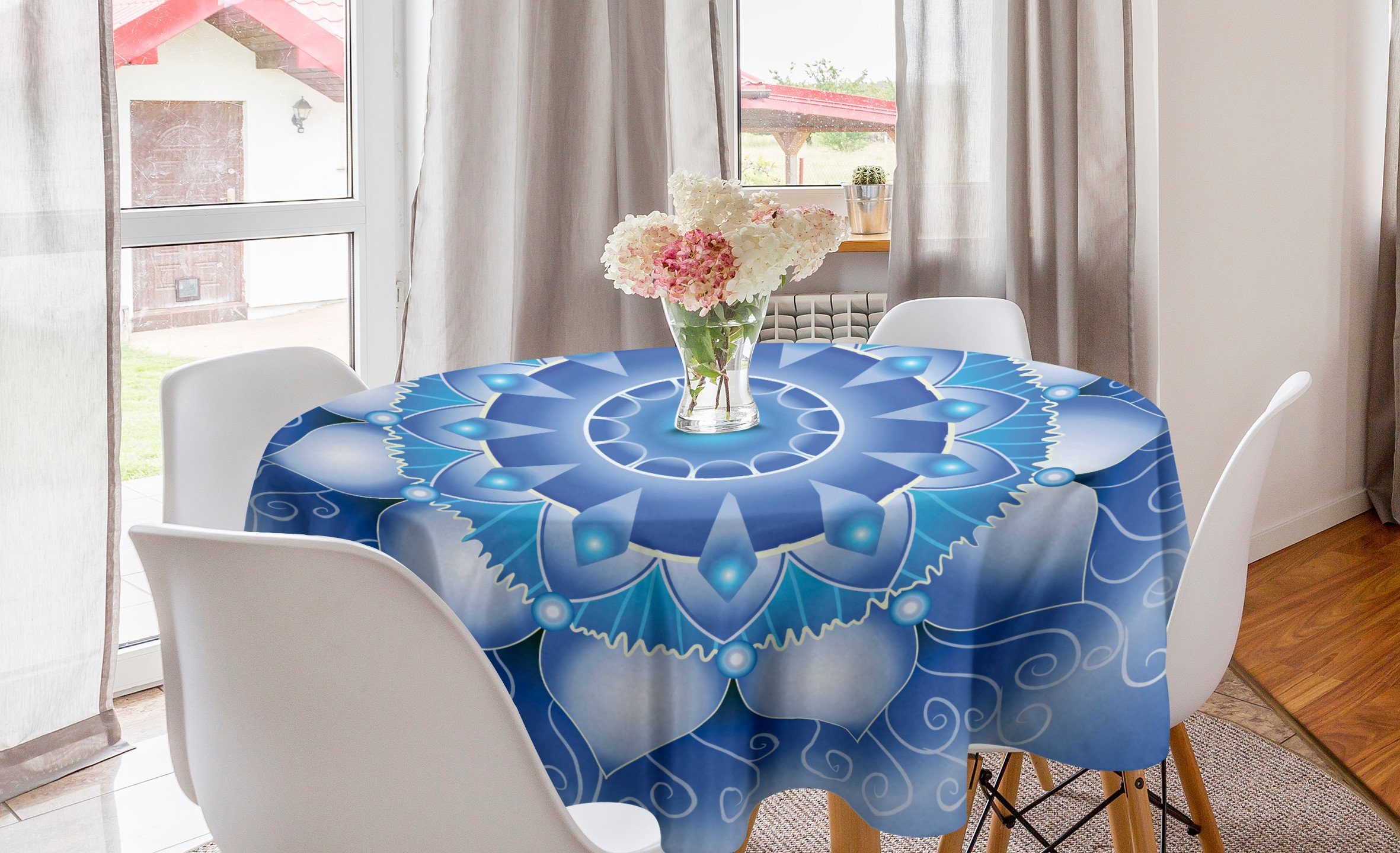 Folkloric Abakuhaus Kreis Esszimmer Küche Eastern Dekoration, Abdeckung Blauer Art Tischdecke Tischdecke Mandala für