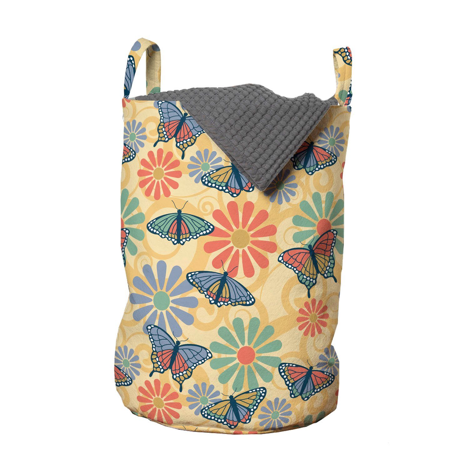 Abakuhaus Wäschesäckchen Wäschekorb mit Griffen Kordelzugverschluss für Waschsalons, Motte Schmetterlinge um Blüten