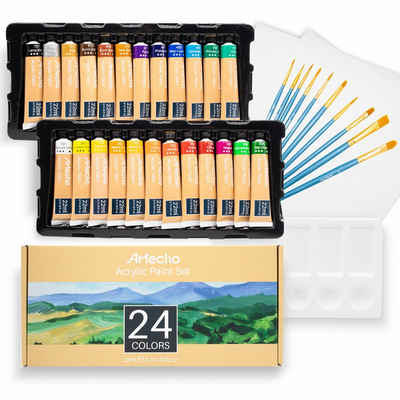 Artecho Acrylfarbe 24x22ml Wasserfest Acrylfarben mit 10 Pinseln, 2 Malkartons,1 Palette, für Papier, Ton, Holz, Steine – zum Reisen, Malen & Freude verschenken