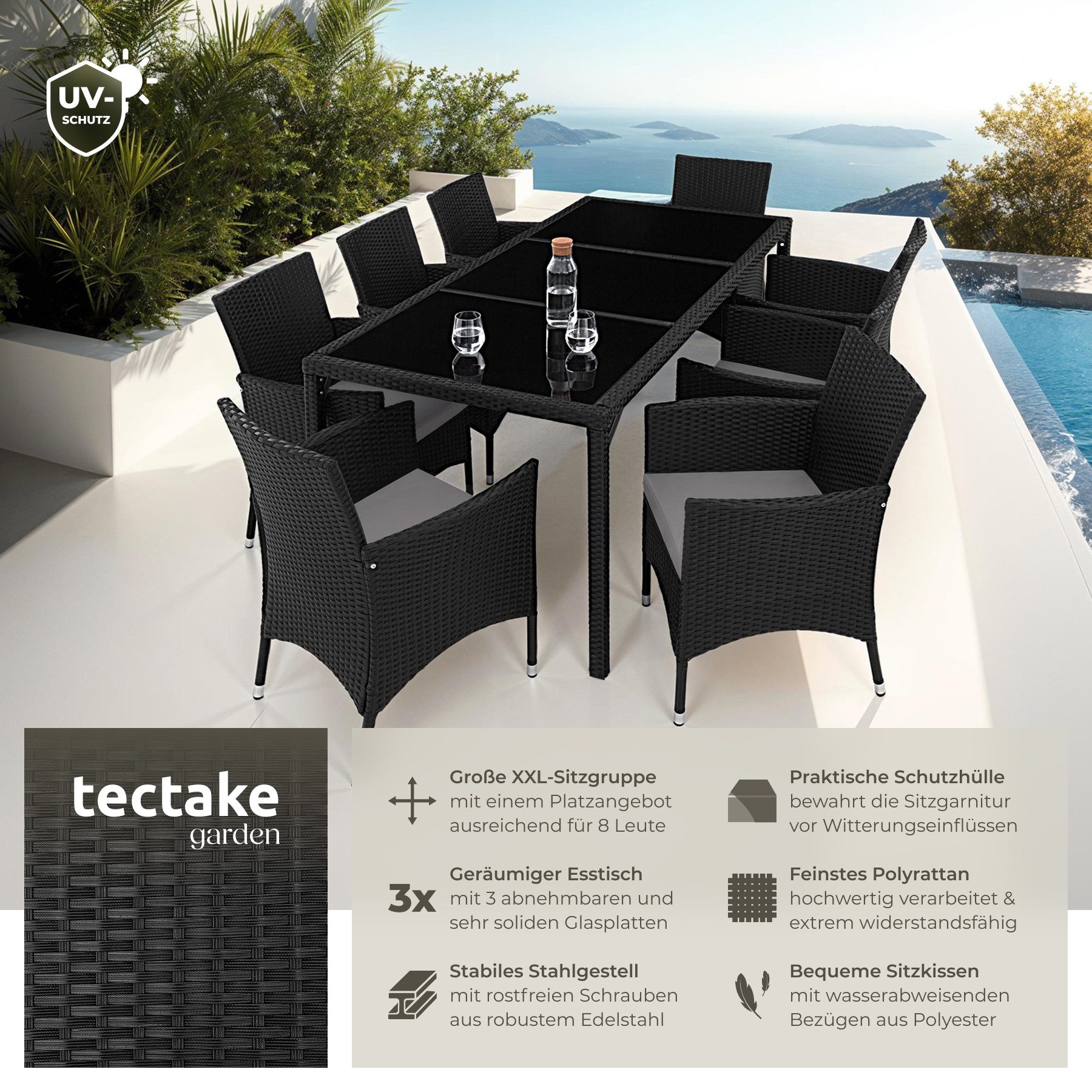 tectake Sitzgruppe Rattan Gartenlounge für 8 Personen, inklusive Schutzhülle, (Loungeset Almansa, 9-tlg., für Außen in Schwarz/Grau), widerstandsfähig, UV-beständig, mit Sicherheitsglasplatten