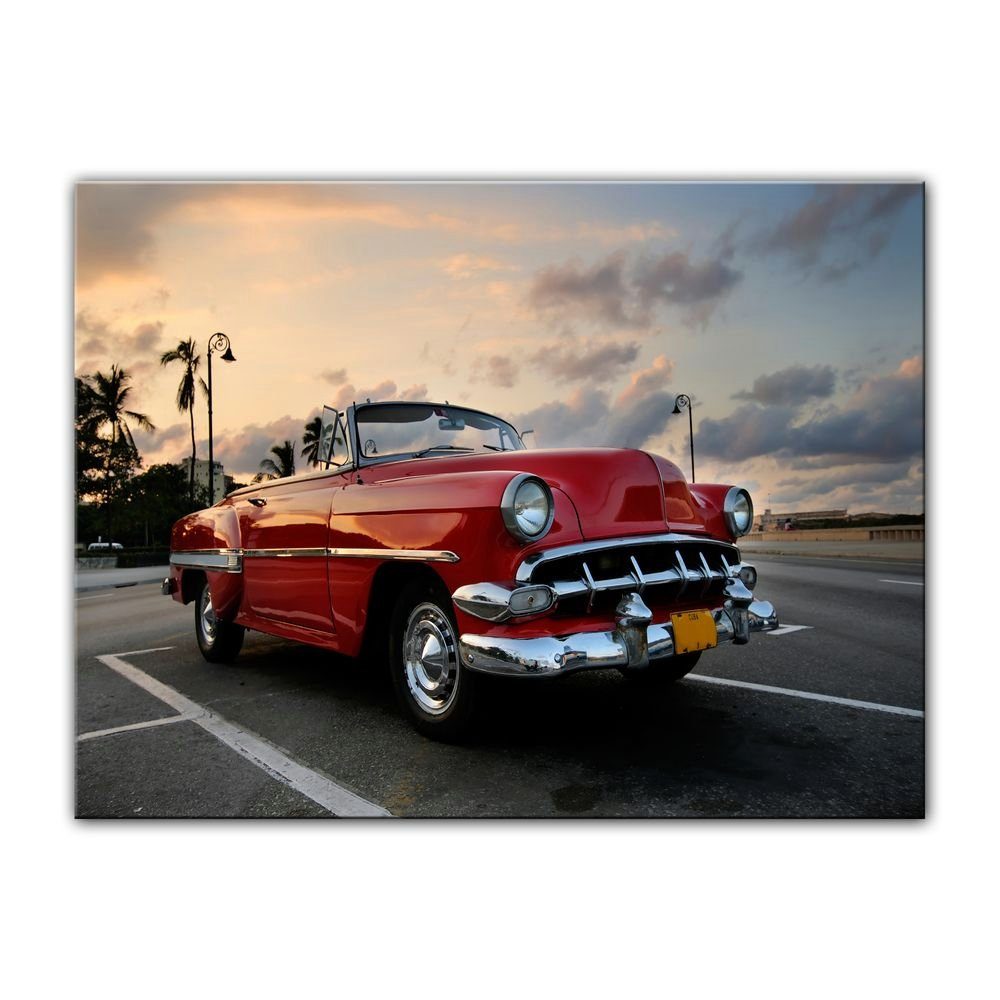 Bilderdepot24 Leinwandbild Roter Oldtimer in Havanna, Fahrzeuge