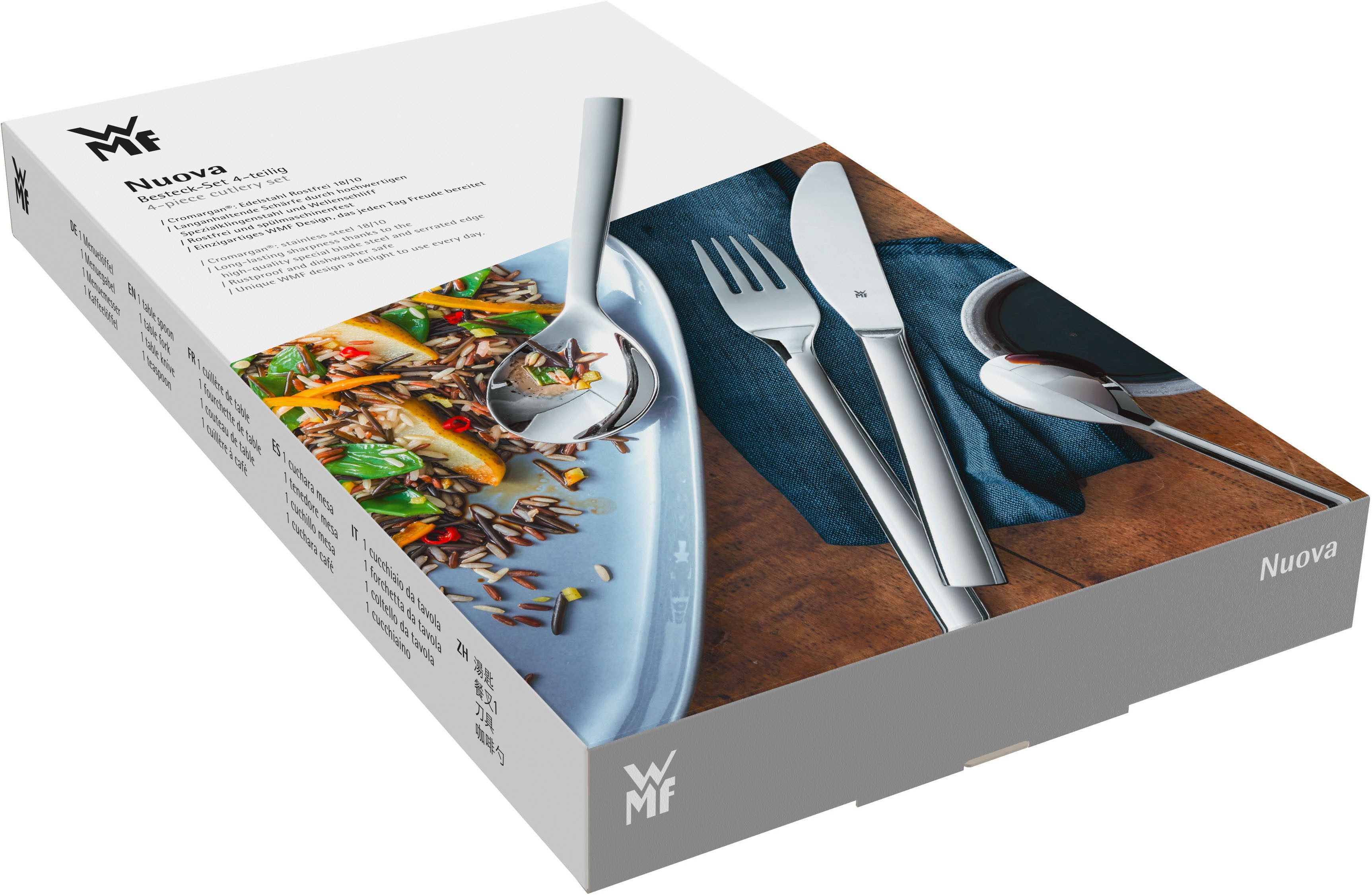 WMF Besteck-Set Nuova (4-tlg), 1 Personen, Cromargan® Edelstahl Rostfrei 18/10, 4-tlg., Cromargan Edelstahl rostfrei 18/10, Geschenkverpackung