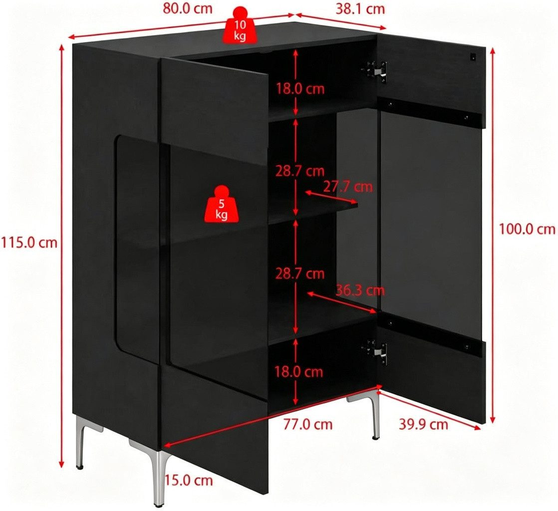 FUFU&GAGA Glasvitrine 115cm hoch, Vitrinenschrank mit LED und Glastüren – Bild 4 von 5