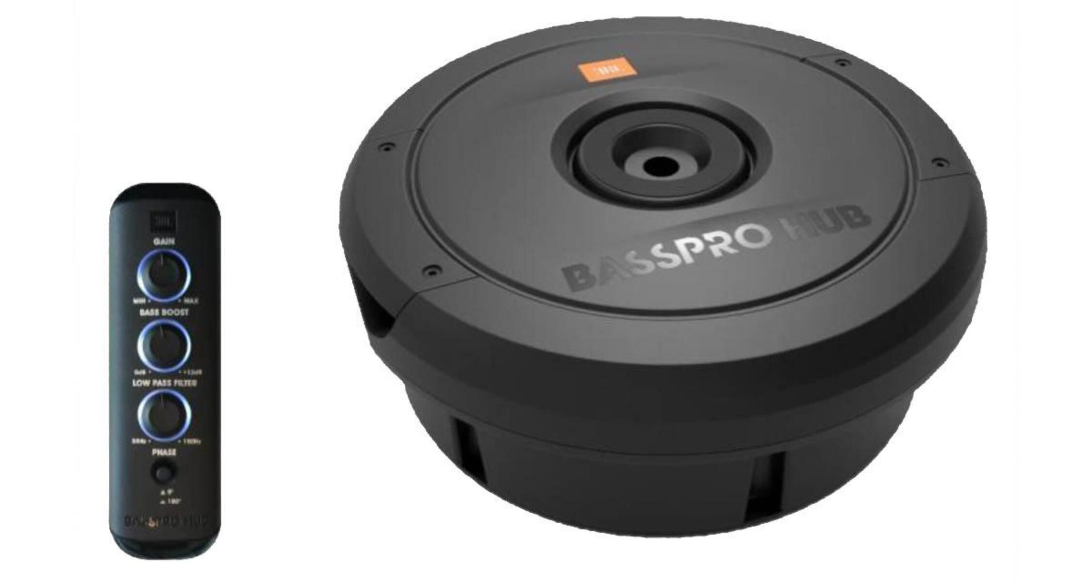 JBL BassPro Hub Reserverad-Subwoofer AKTIV Gehäuse 28cm mit Fernbedienung Auto-Subwoofer (200 W, max.: W 30 cm)