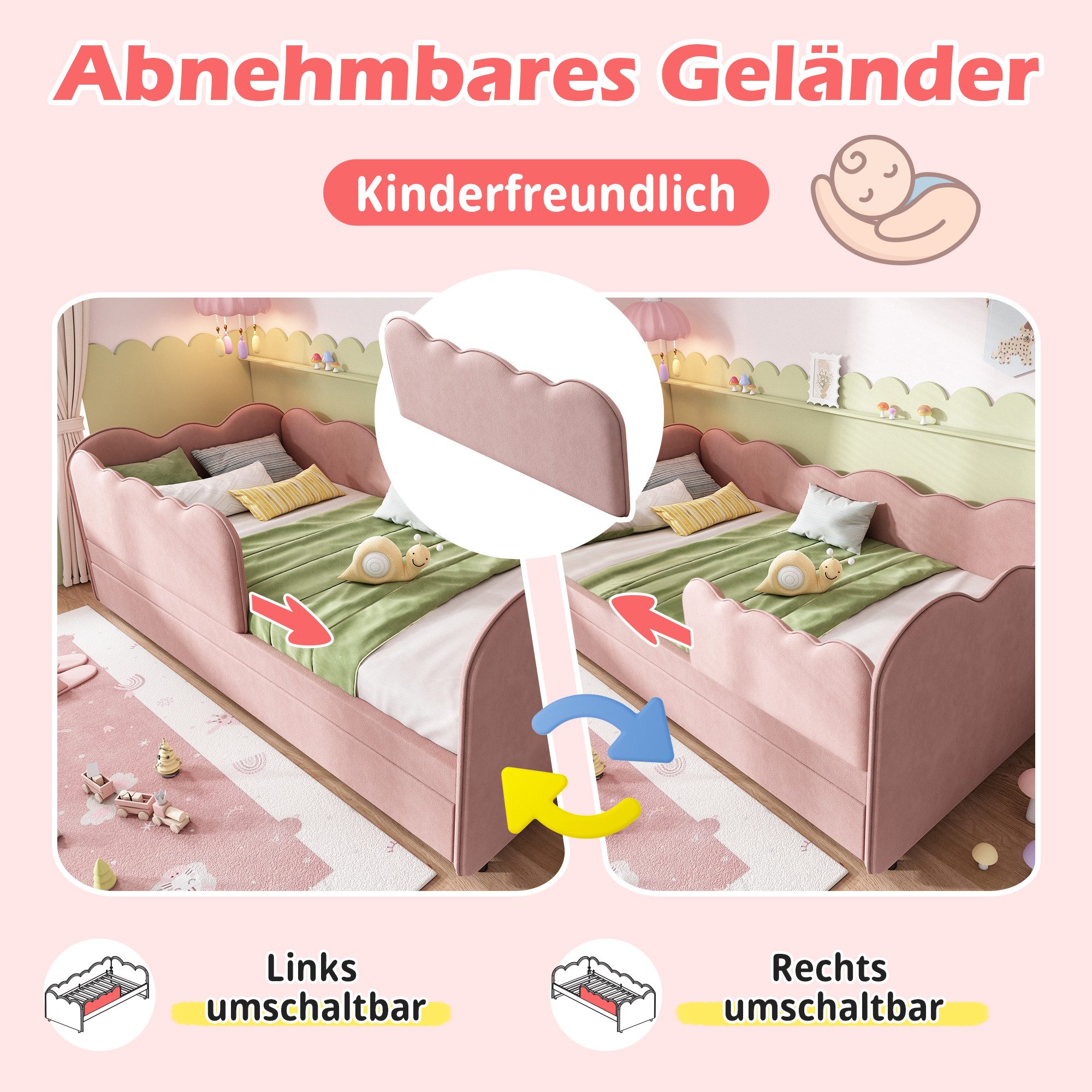 i@home Kinderbett mit Ausziehbett, Tagesbett Sofa Bett mit Lattenrost, 90x190cm (1-tlg., Ideal für kleine Kinderzimmer), Platzsparend und multifunktional