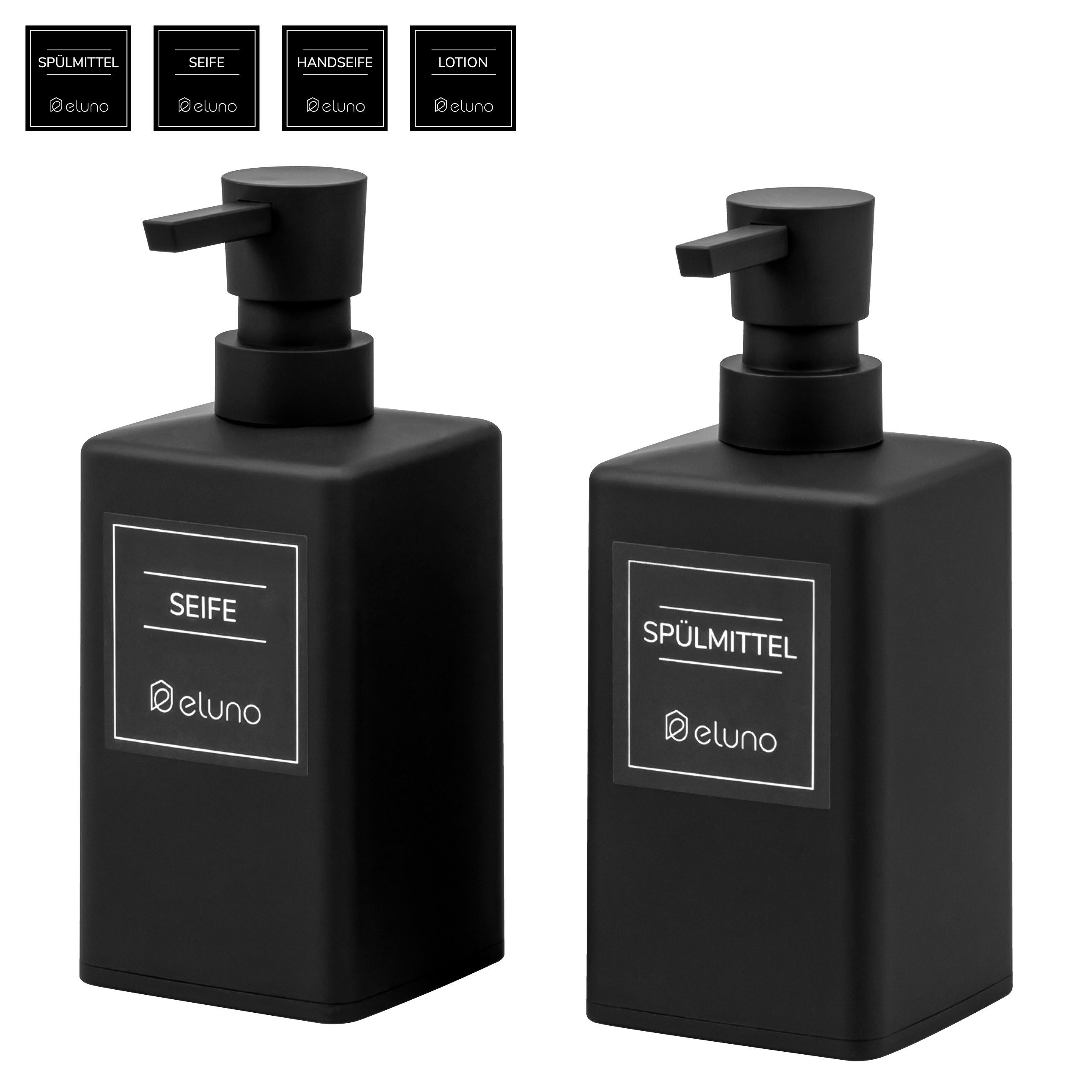 eluno Seifenspender 2er Set mit Soft-Touch Oberfläche, (2-tlg), inkl. wasserfeste Hinweisaufkleber