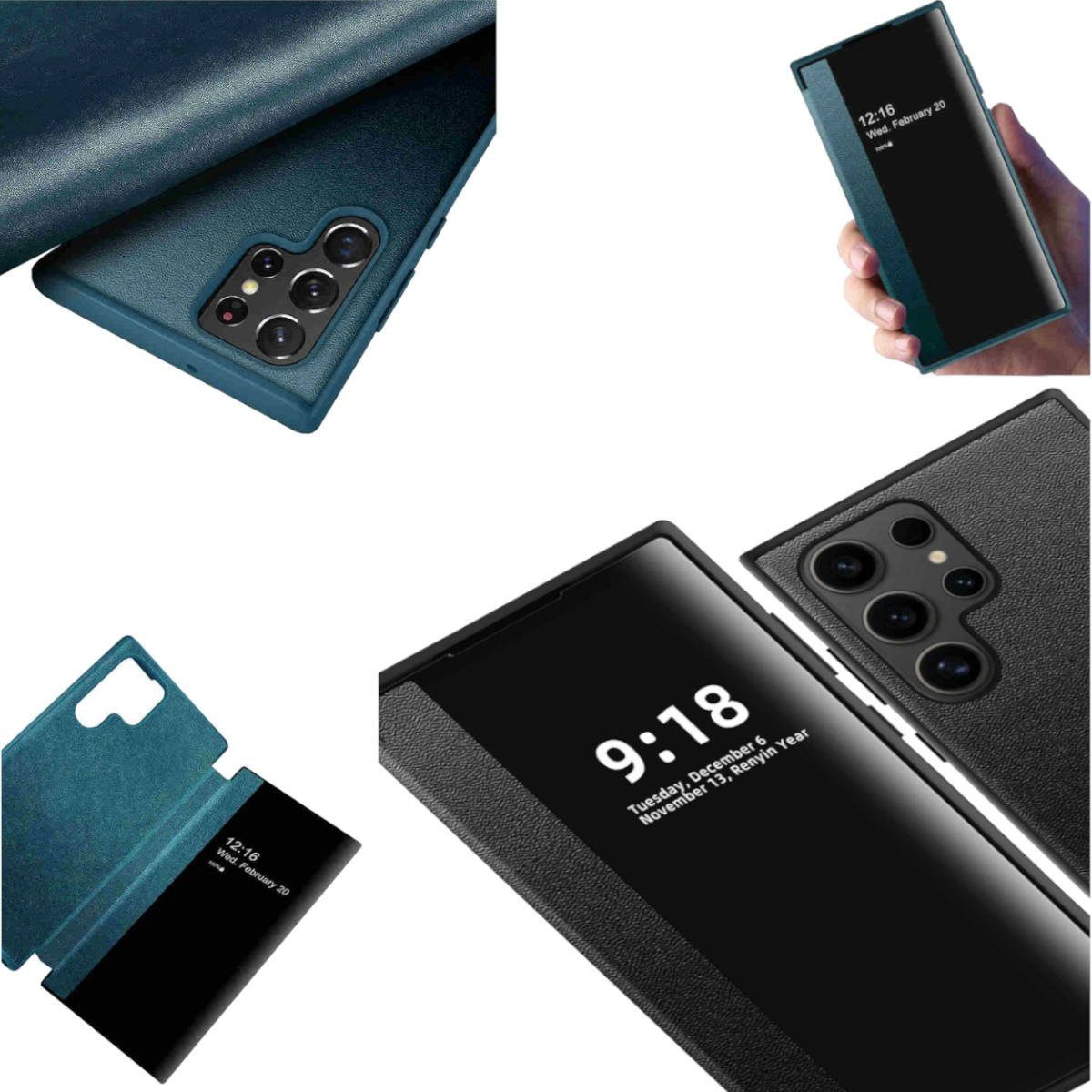 Handyhülle Für Samsung Galaxy S24 Ultra View Spiegel Smart Cover Wake UP Schwarz