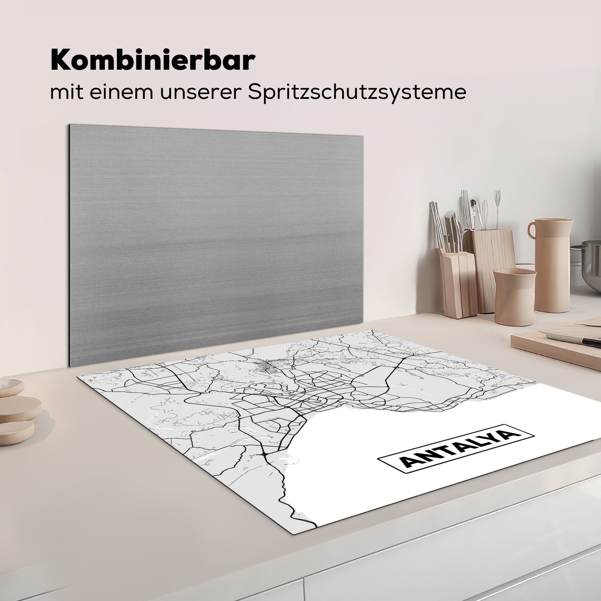 MuchoWow Herdblende-/Abdeckplatte Antalya - Stadtplan für Arbeitsplatte küche tlg), Vinyl, cm, - und Karte, Schwarz (1 - weiß 78x78 Ceranfeldabdeckung