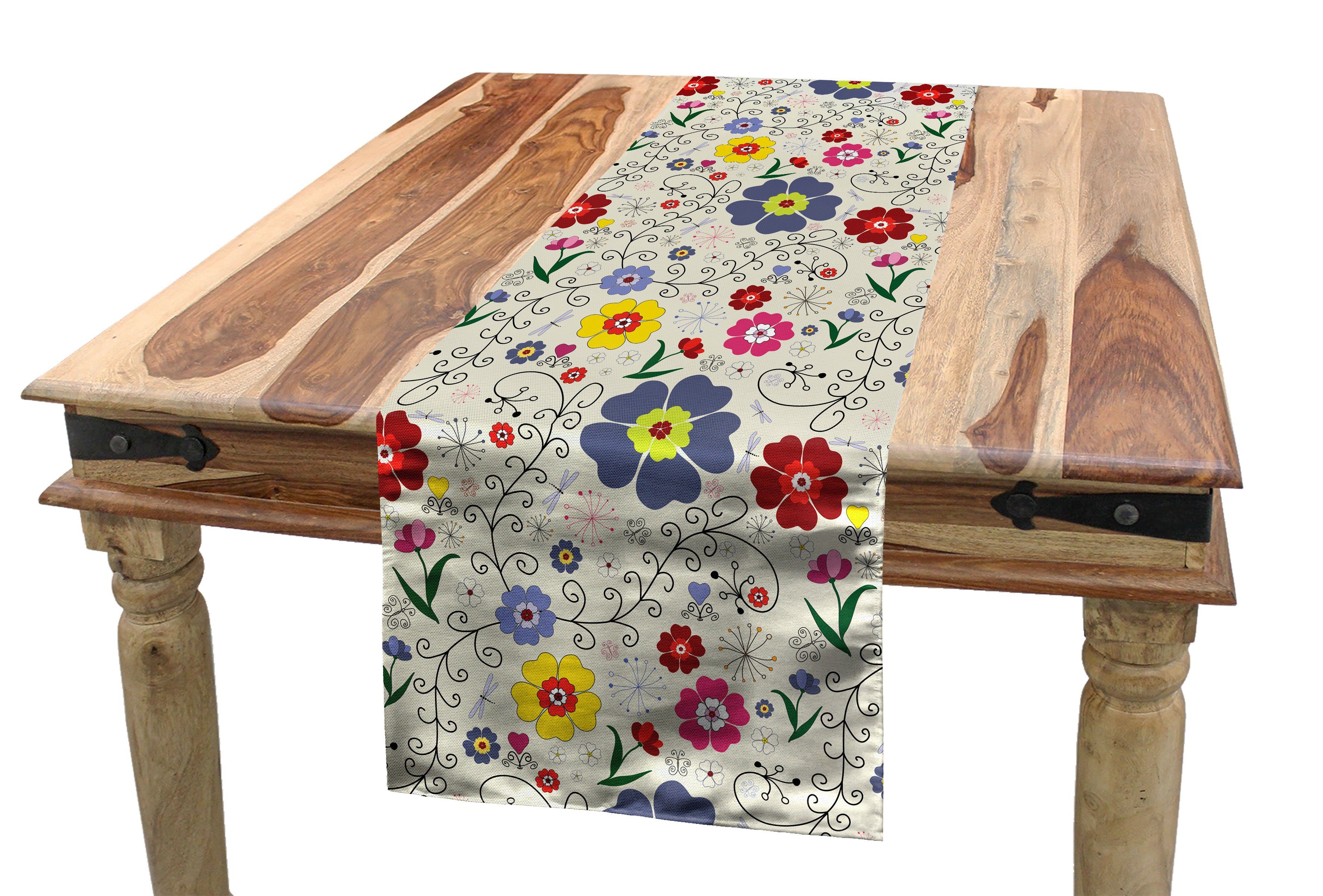 Abakuhaus Tischläufer Esszimmer Küche Rechteckiger Dekorativer Tischläufer, Blumen Blumen-Schmetterlings-Muster