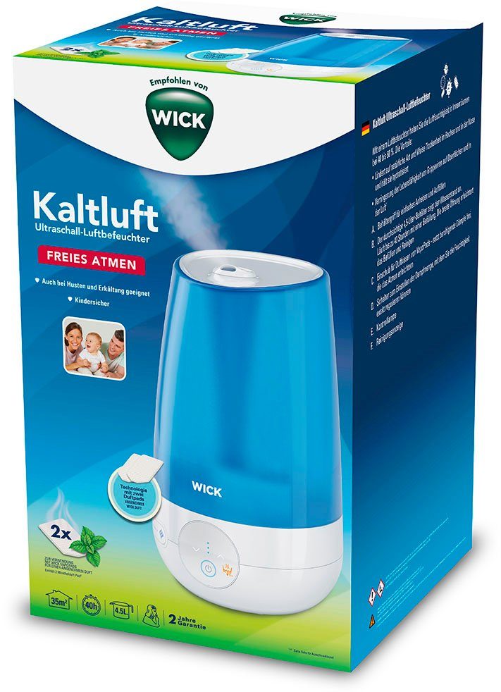 WICK Luftbefeuchter Ultraschall-Kaltluftbefeuchter, 4,5 l ätherischen Ölen den mit mit VapoPads kompatibel Wassertank, Duftpads