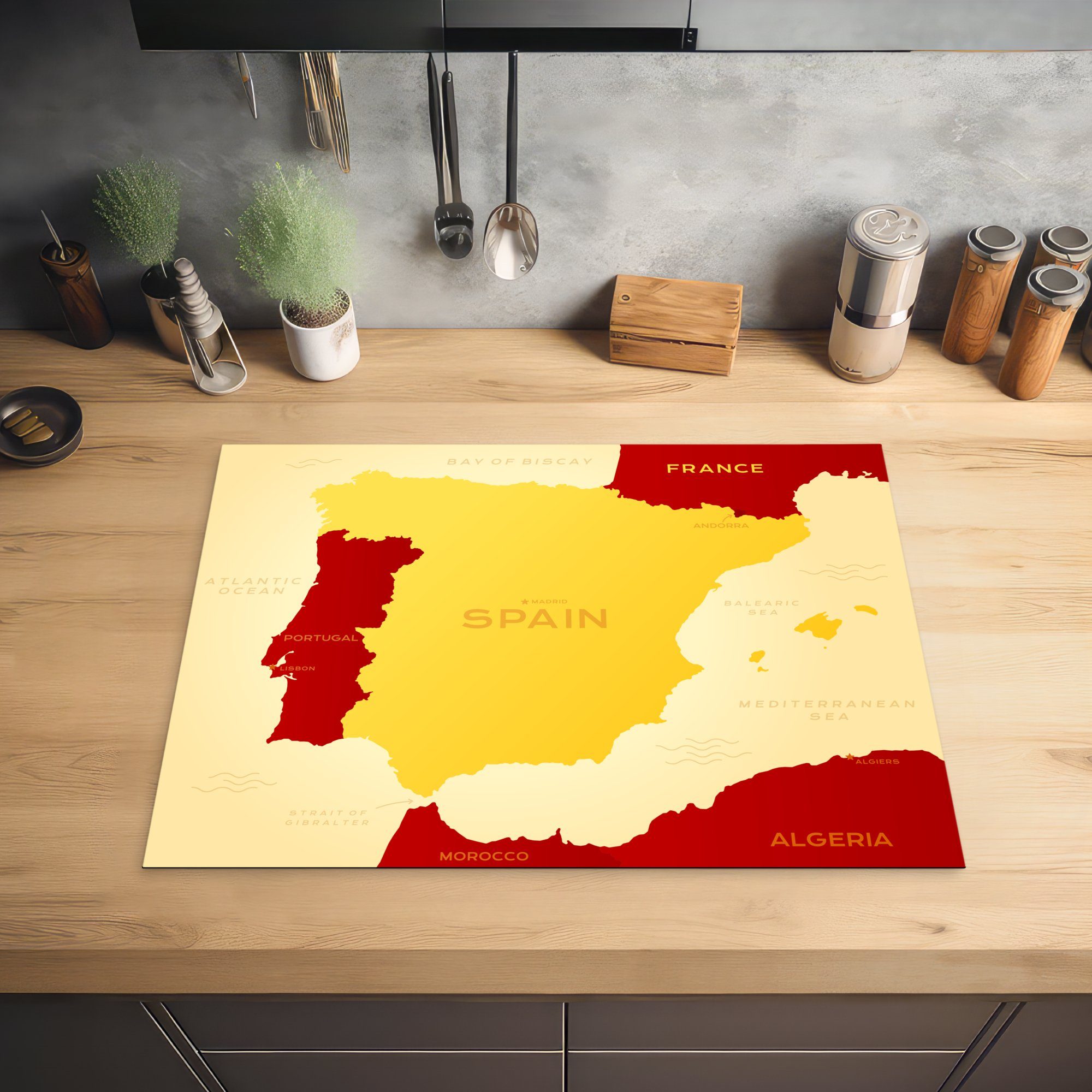 MuchoWow Herdblende-/Abdeckplatte von Mobile Spanien, Vinyl, einer Arbeitsfläche tlg), (1 Karte 70x52 gelben nutzbar, Illustration cm, Ceranfeldabdeckung