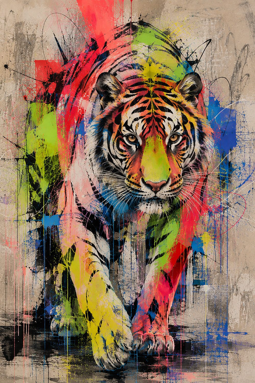 queence Acrylglasbild Urban Art Bunter Tiger, Abstrakt, Tiere, Tiger (1 St), Wandbild Wohnzimmerdeko buntes Tiermotiv Abstrakte Kunst